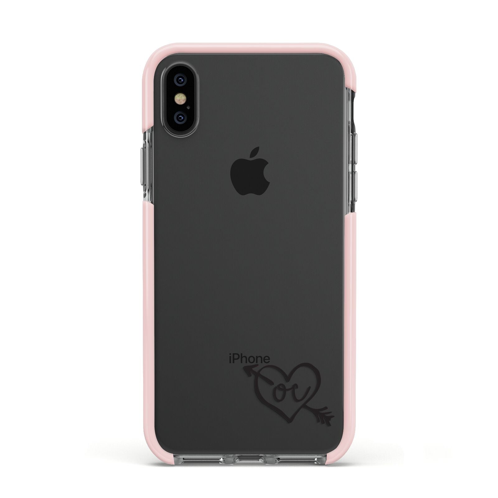 Personalised Black Initials Heart Arrow Apple iPhone Xs Impact Case Pink Edge on Black Phone