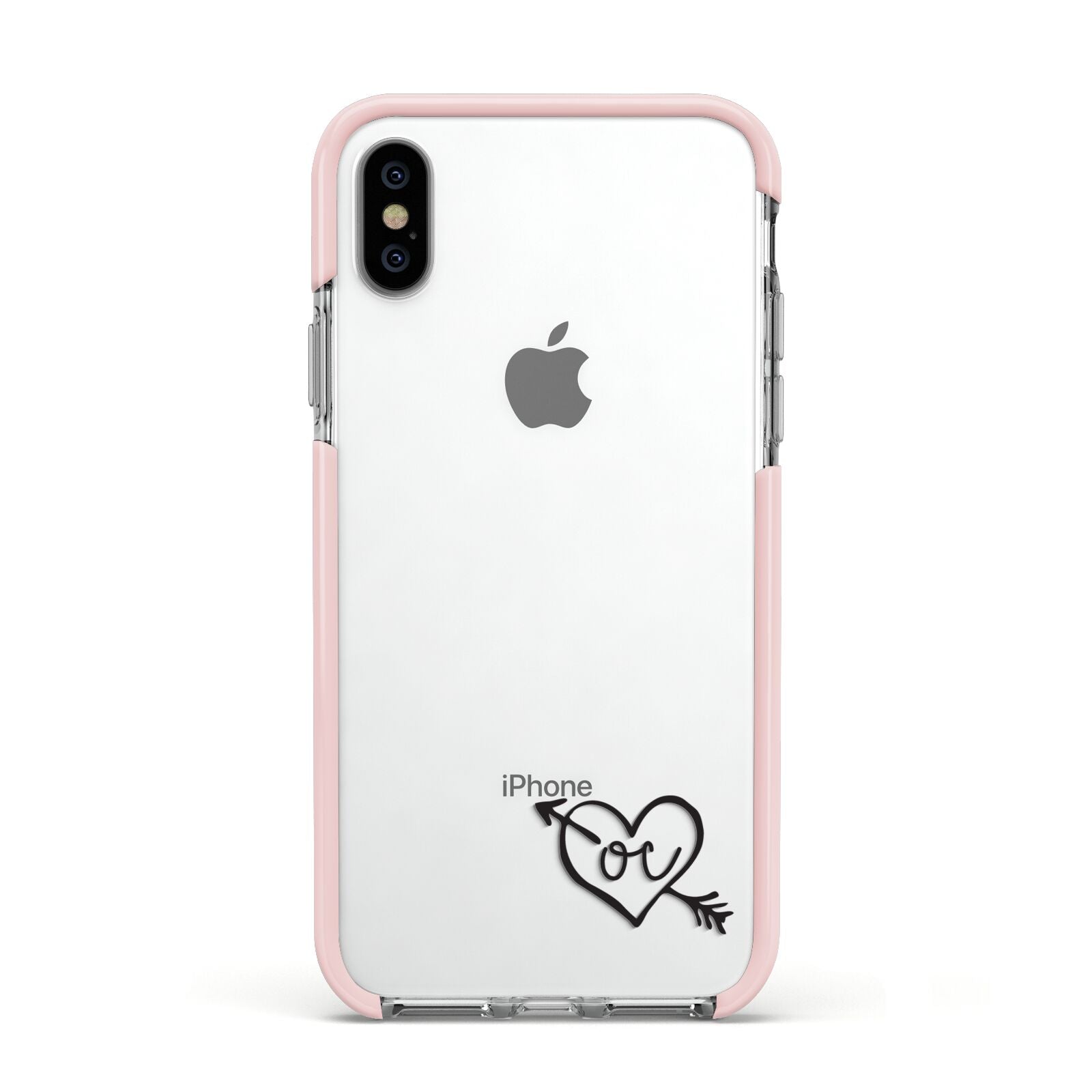 Personalised Black Initials Heart Arrow Apple iPhone Xs Impact Case Pink Edge on Silver Phone