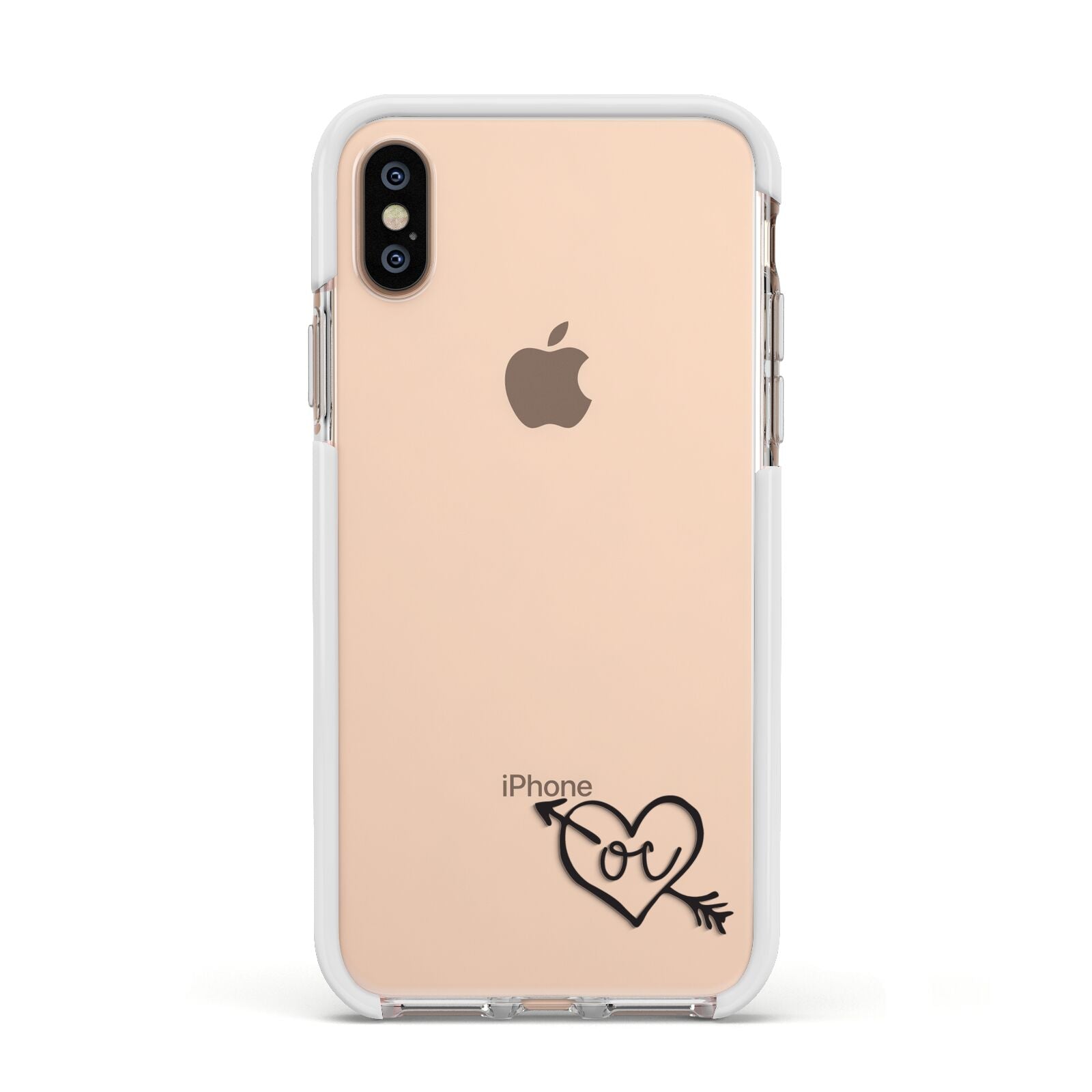 Personalised Black Initials Heart Arrow Apple iPhone Xs Impact Case White Edge on Gold Phone