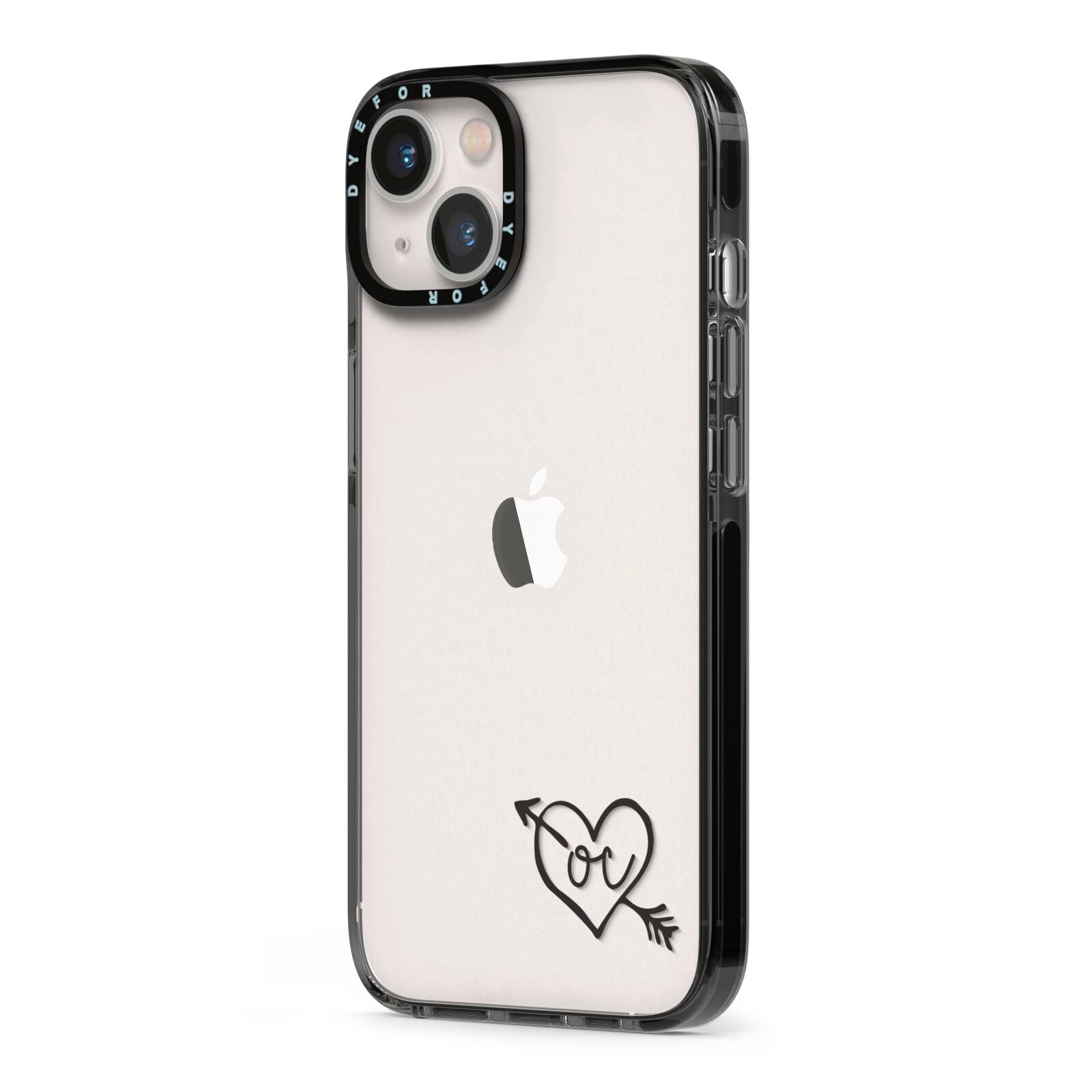 Personalised Black Initials Heart Arrow iPhone 13 Black Impact Case Side Angle on Silver phone