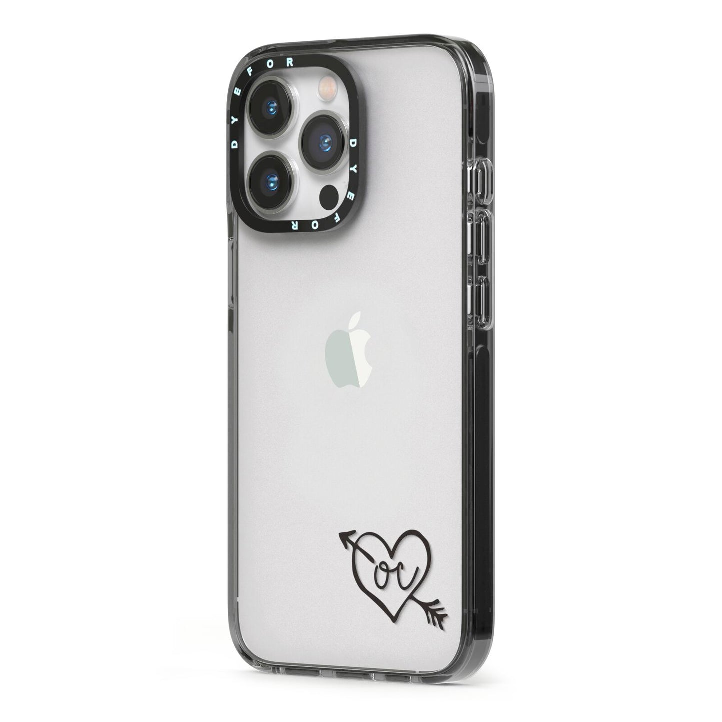 Personalised Black Initials Heart Arrow iPhone 13 Pro Black Impact Case Side Angle on Silver phone