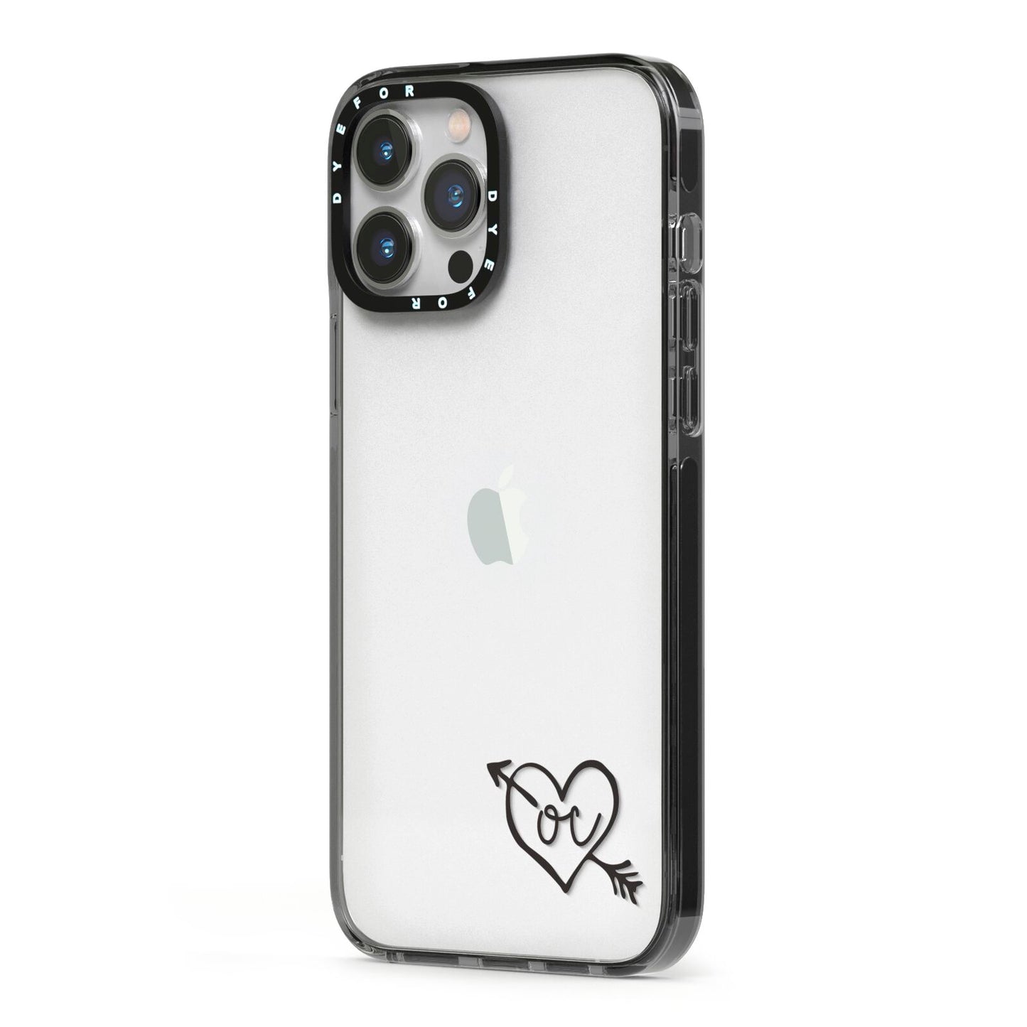 Personalised Black Initials Heart Arrow iPhone 13 Pro Max Black Impact Case Side Angle on Silver phone