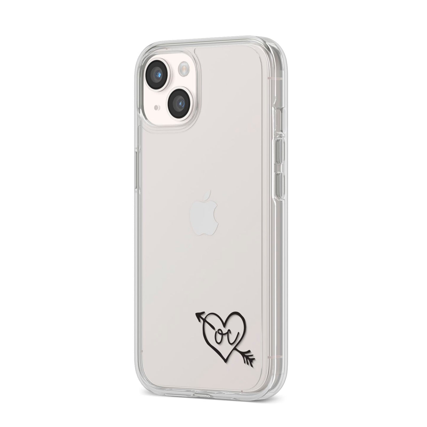 Personalised Black Initials Heart Arrow iPhone 14 Clear Tough Case Starlight Angled Image
