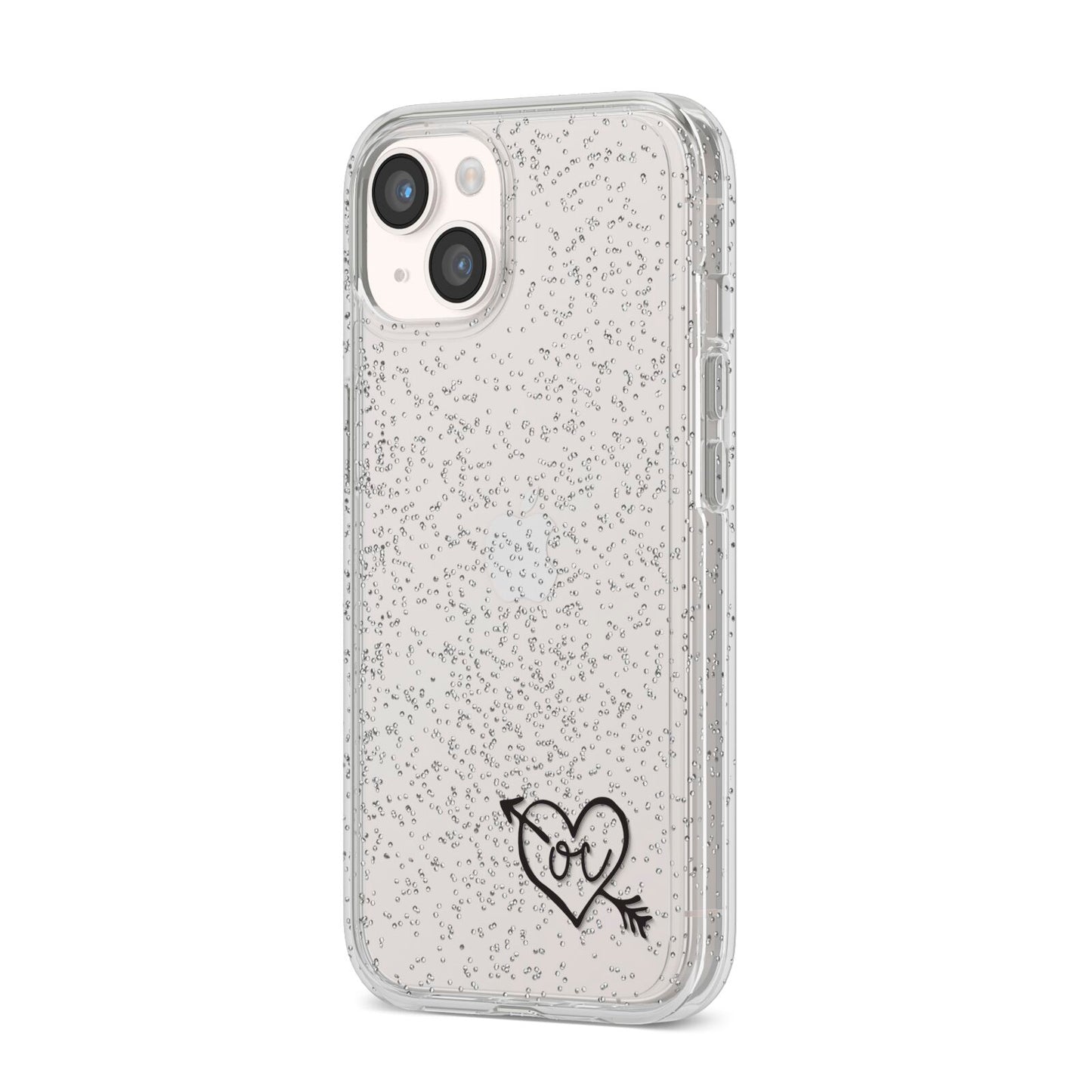Personalised Black Initials Heart Arrow iPhone 14 Glitter Tough Case Starlight Angled Image