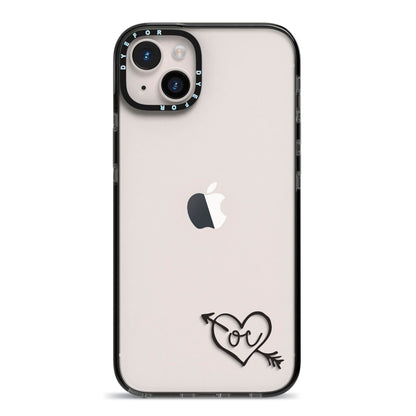 Personalised Black Initials Heart Arrow iPhone 14 Plus Black Impact Case on Silver phone