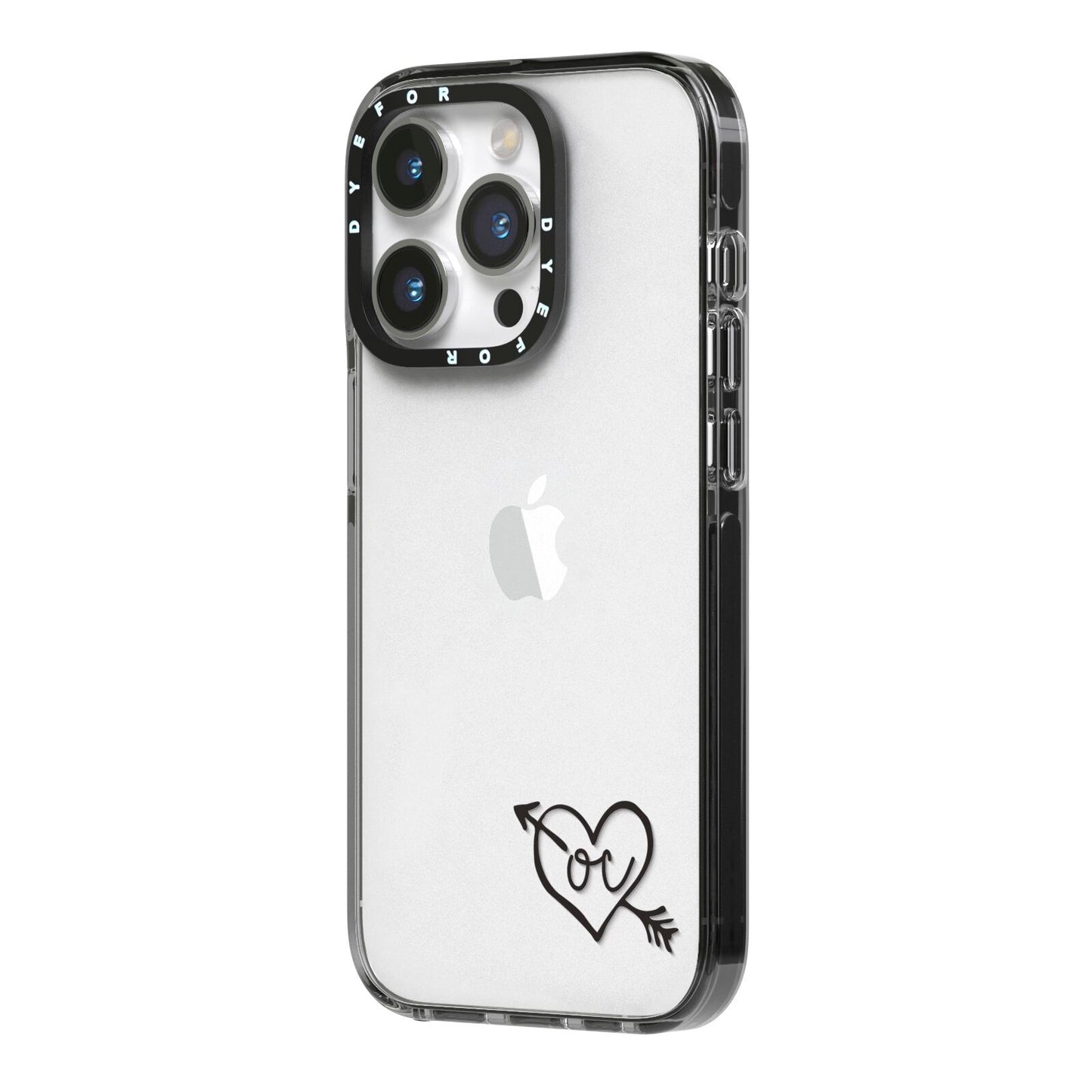Personalised Black Initials Heart Arrow iPhone 14 Pro Black Impact Case Side Angle on Silver phone