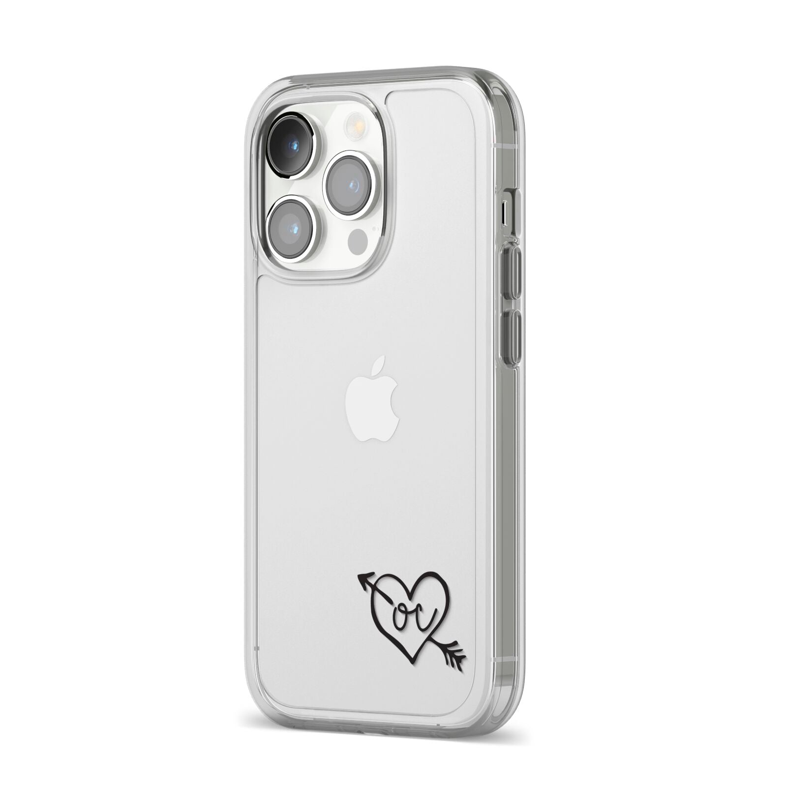 Personalised Black Initials Heart Arrow iPhone 14 Pro Clear Tough Case Silver Angled Image