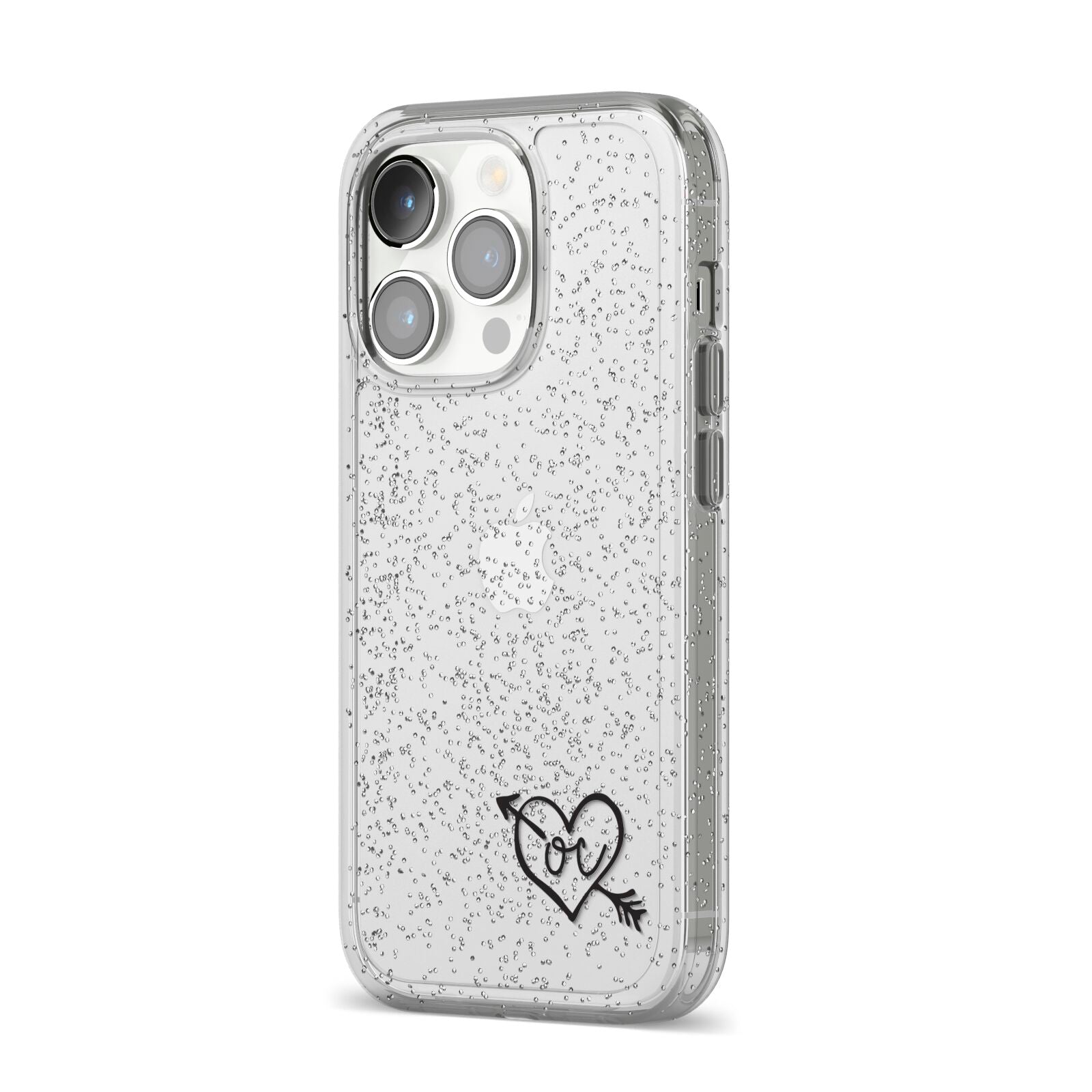Personalised Black Initials Heart Arrow iPhone 14 Pro Glitter Tough Case Silver Angled Image