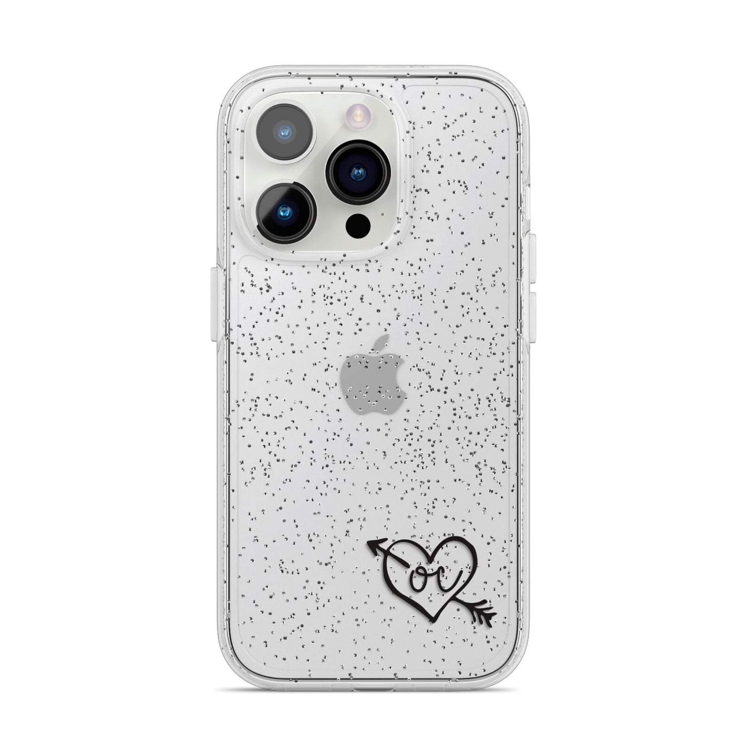 Personalised Black Initials Heart Arrow iPhone 14 Pro Glitter Tough Case Silver