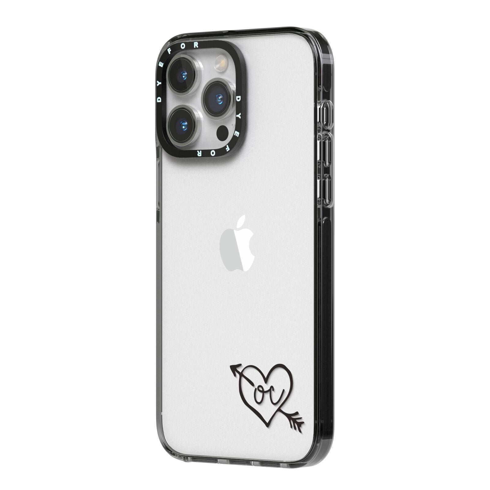 Personalised Black Initials Heart Arrow iPhone 14 Pro Max Black Impact Case Side Angle on Silver phone
