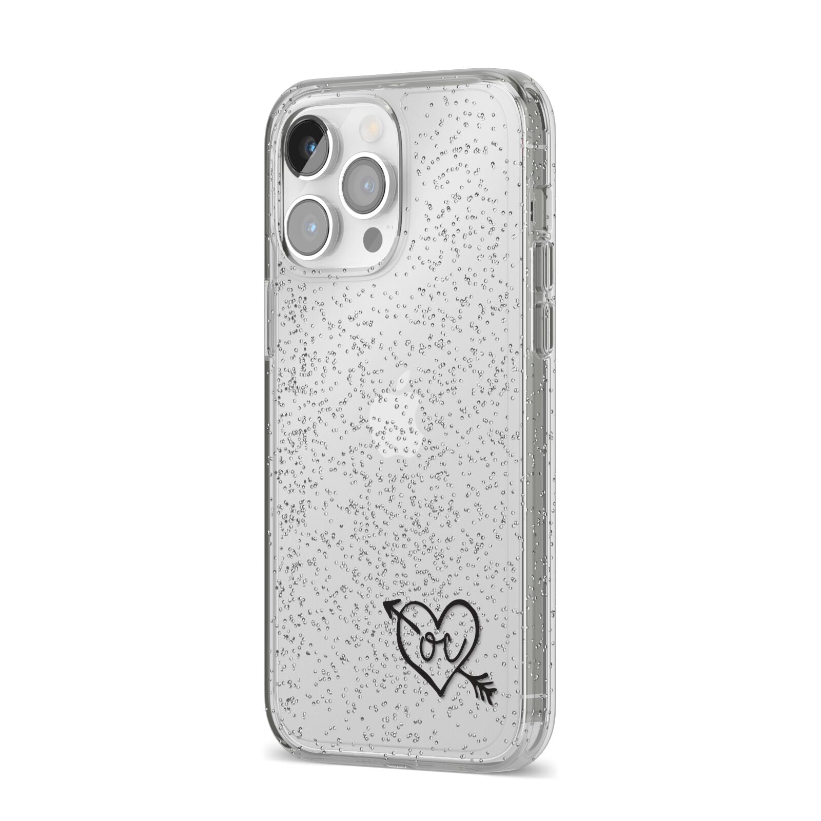 Personalised Black Initials Heart Arrow iPhone 14 Pro Max Glitter Tough Case Silver Angled Image