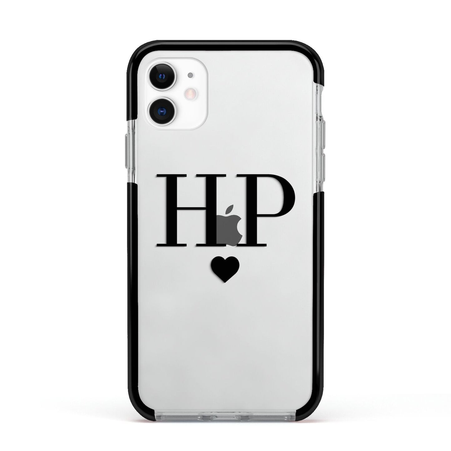 Personalised Black Initials Heart Clear Apple iPhone 11 in White with Black Impact Case