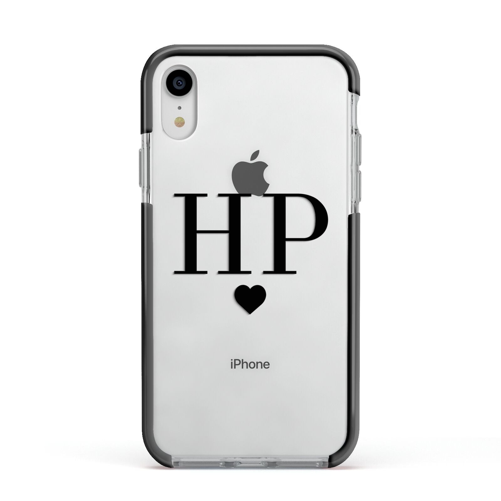 Personalised Black Initials Heart Clear Apple iPhone XR Impact Case Black Edge on Silver Phone