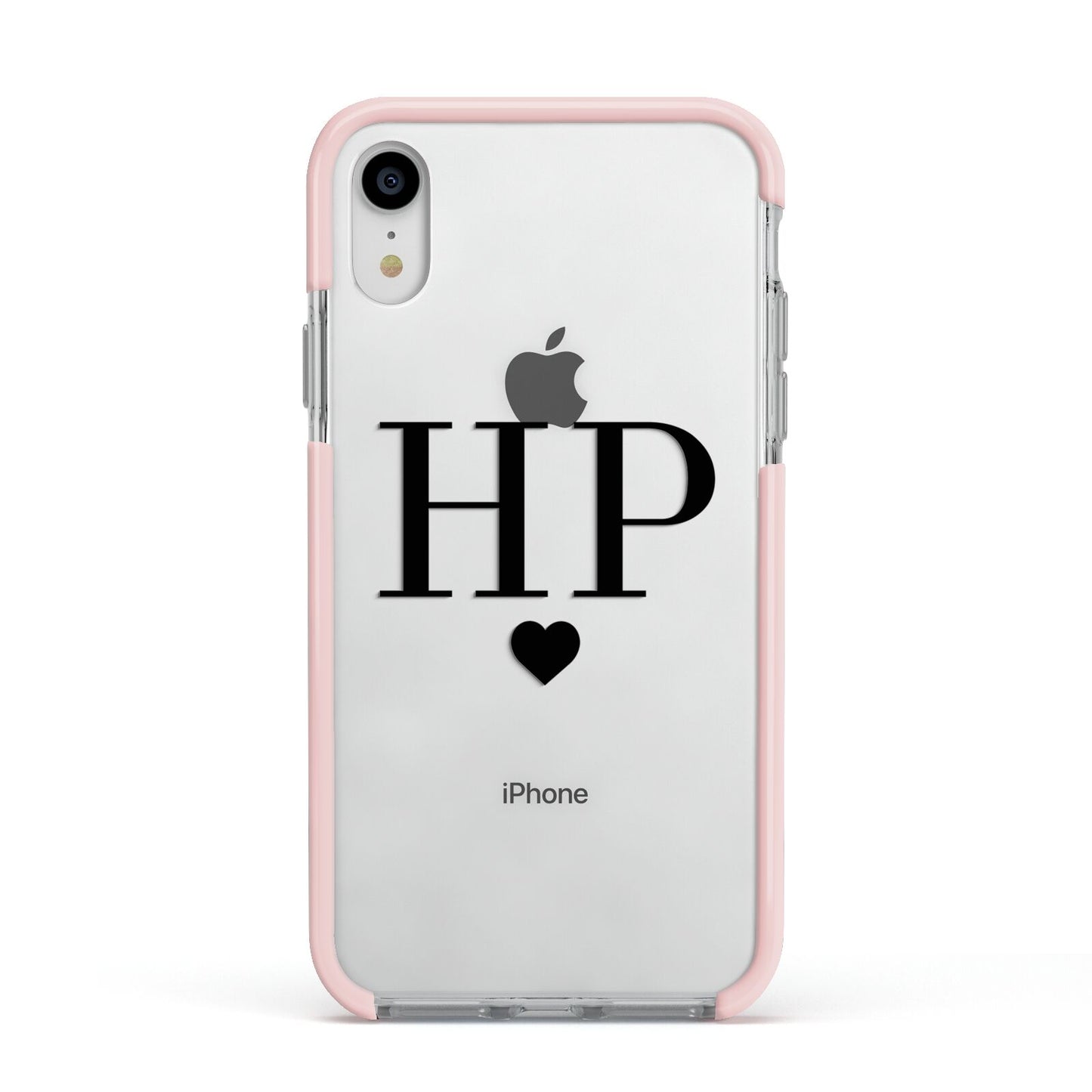 Personalised Black Initials Heart Clear Apple iPhone XR Impact Case Pink Edge on Silver Phone