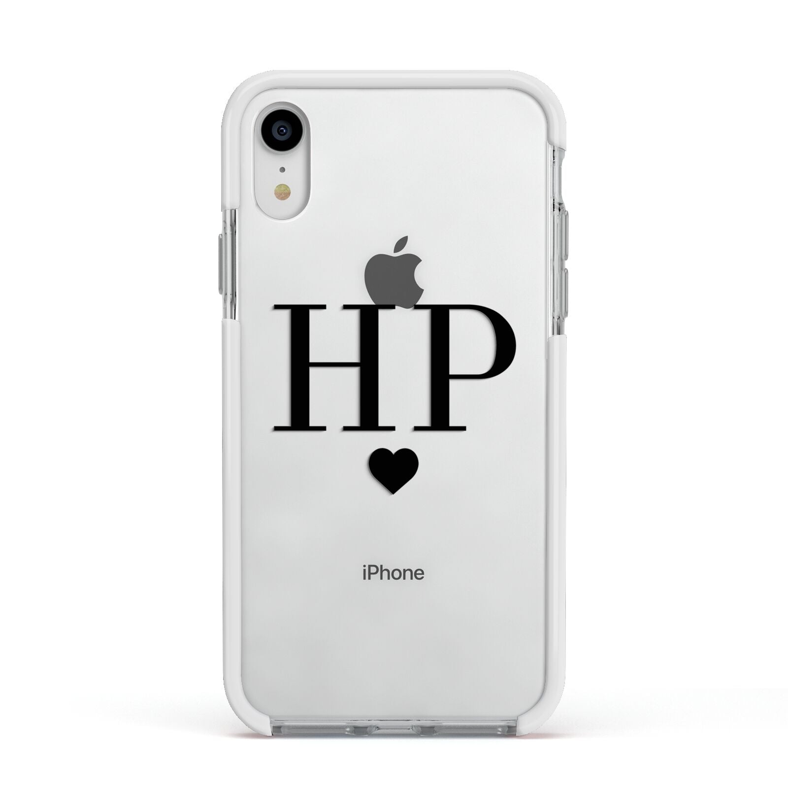Personalised Black Initials Heart Clear Apple iPhone XR Impact Case White Edge on Silver Phone
