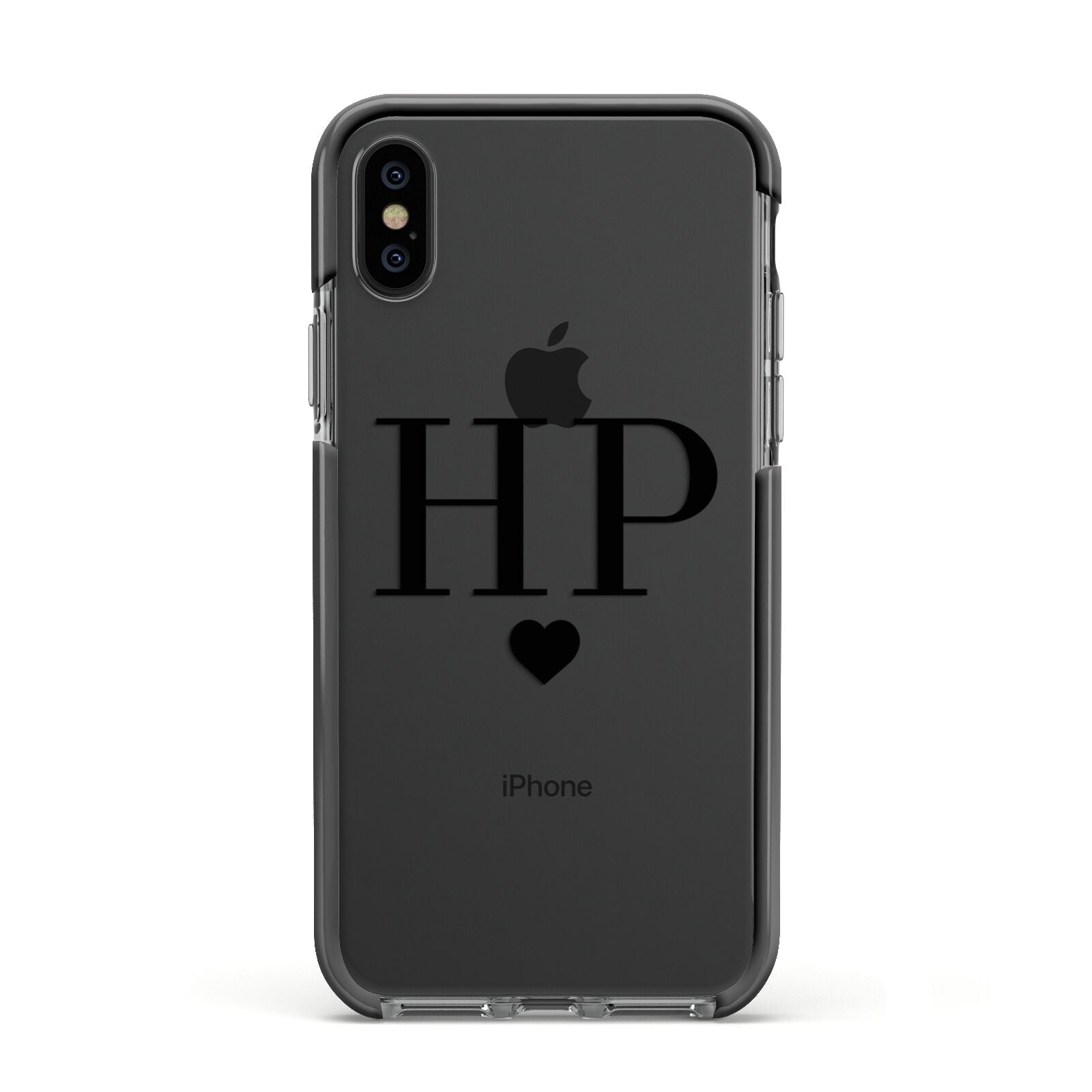 Personalised Black Initials Heart Clear Apple iPhone Xs Impact Case Black Edge on Black Phone