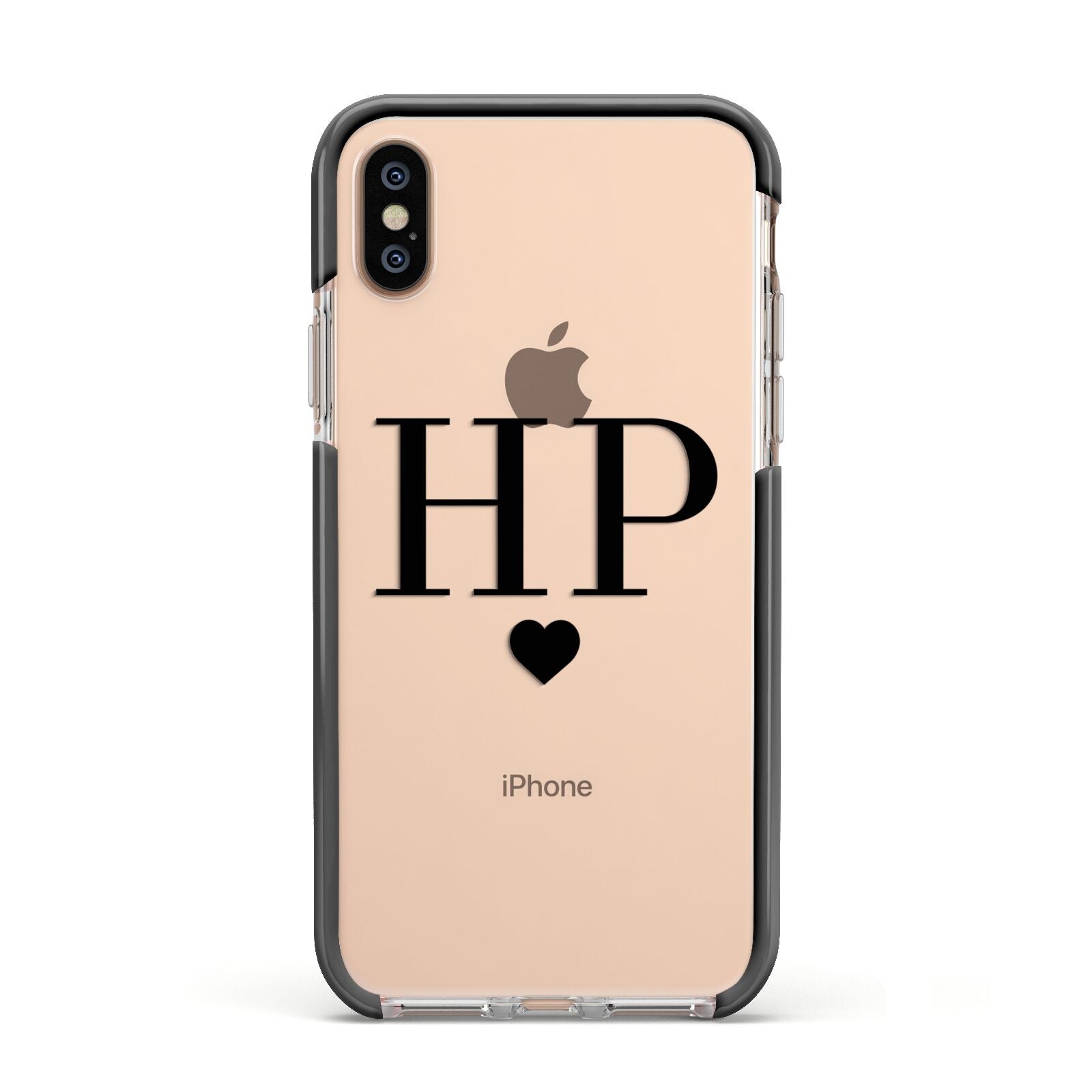Personalised Black Initials Heart Clear Apple iPhone Xs Impact Case Black Edge on Gold Phone