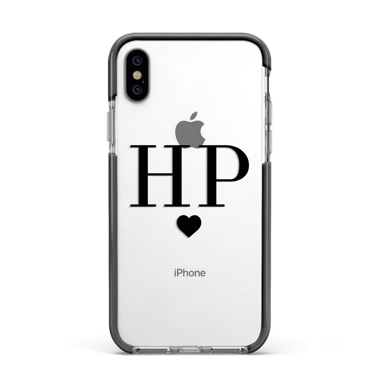 Personalised Black Initials Heart Clear Apple iPhone Xs Impact Case Black Edge on Silver Phone