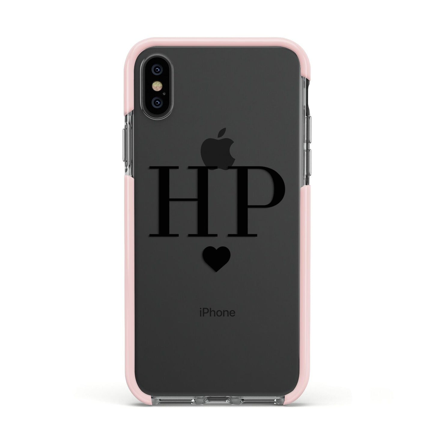 Personalised Black Initials Heart Clear Apple iPhone Xs Impact Case Pink Edge on Black Phone