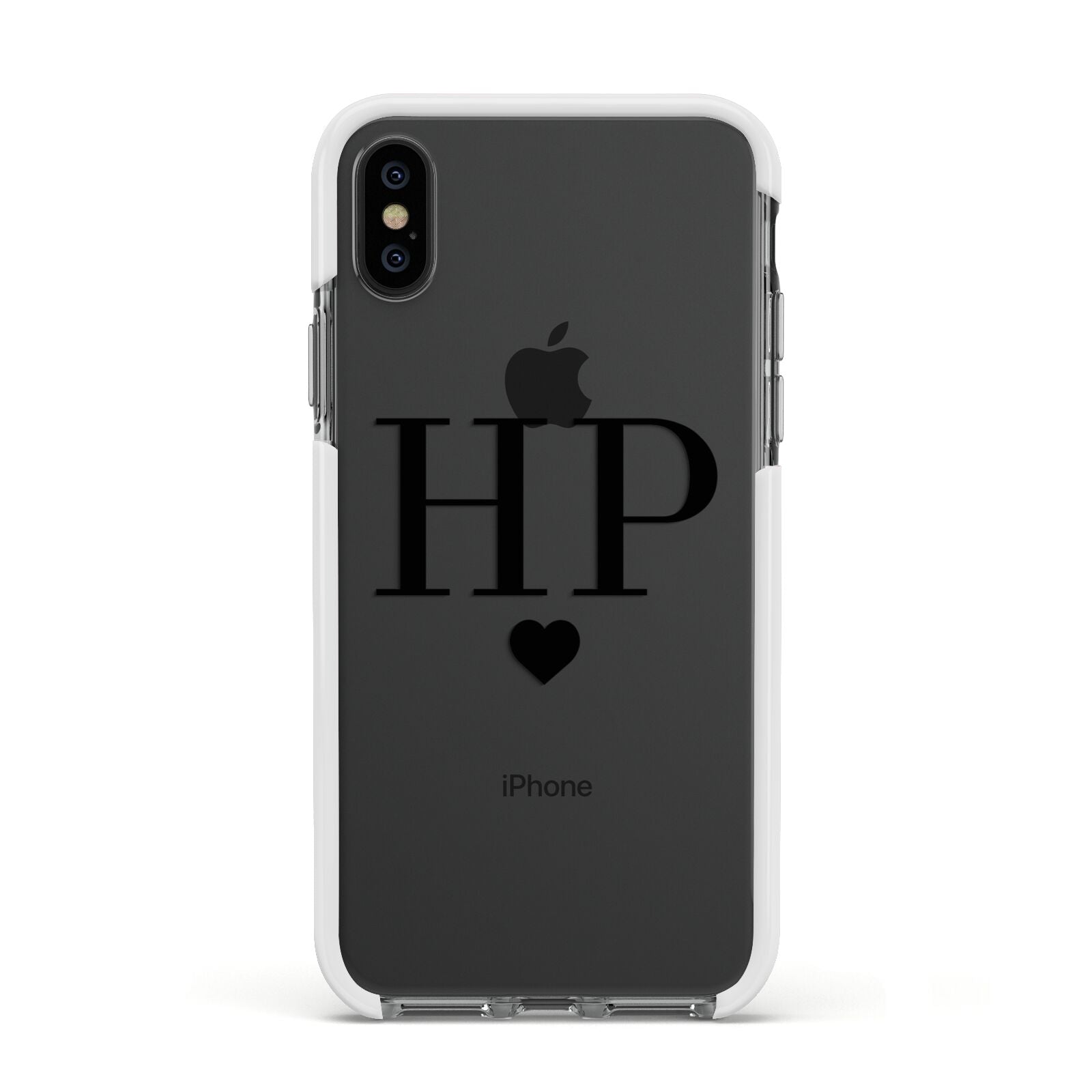 Personalised Black Initials Heart Clear Apple iPhone Xs Impact Case White Edge on Black Phone