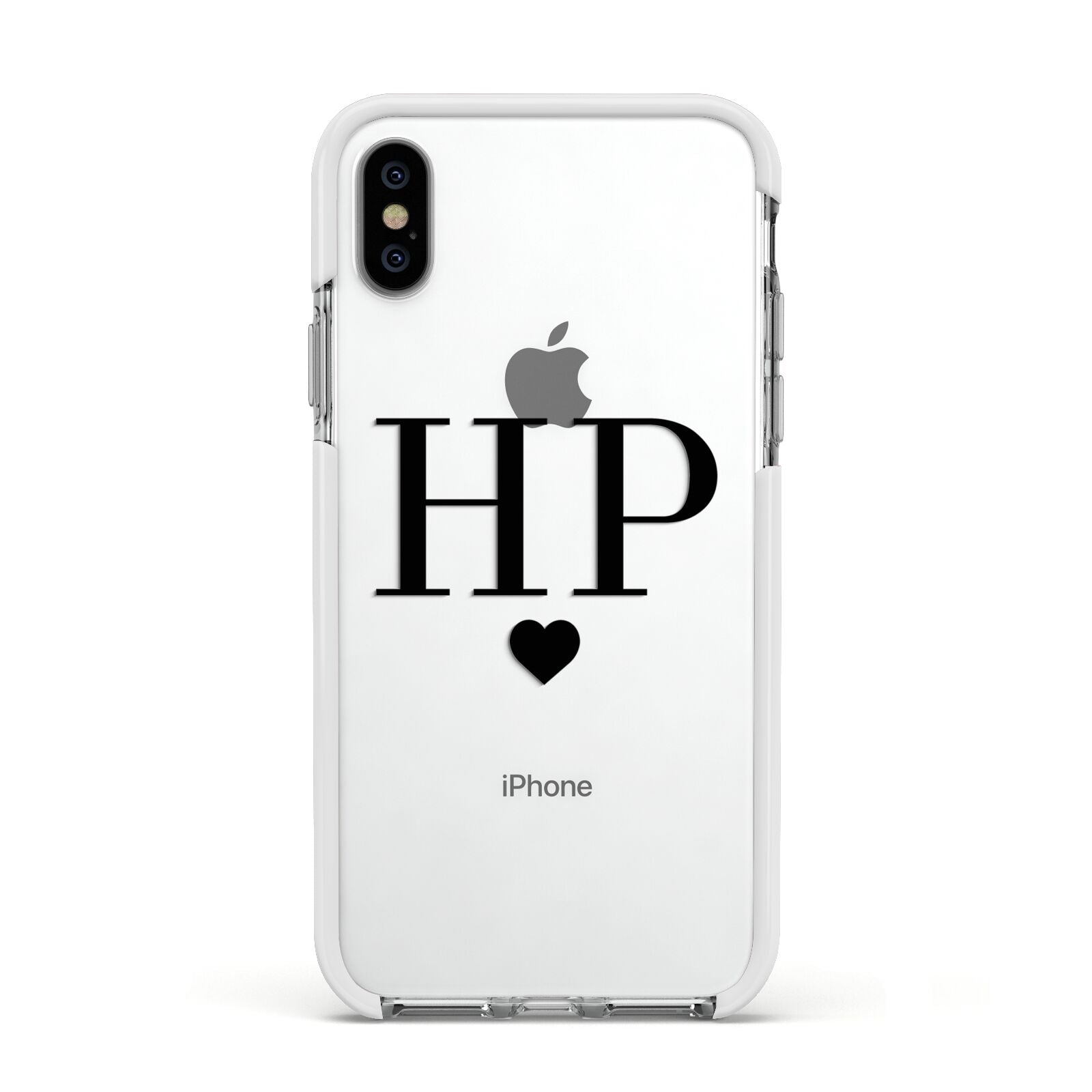 Personalised Black Initials Heart Clear Apple iPhone Xs Impact Case White Edge on Silver Phone