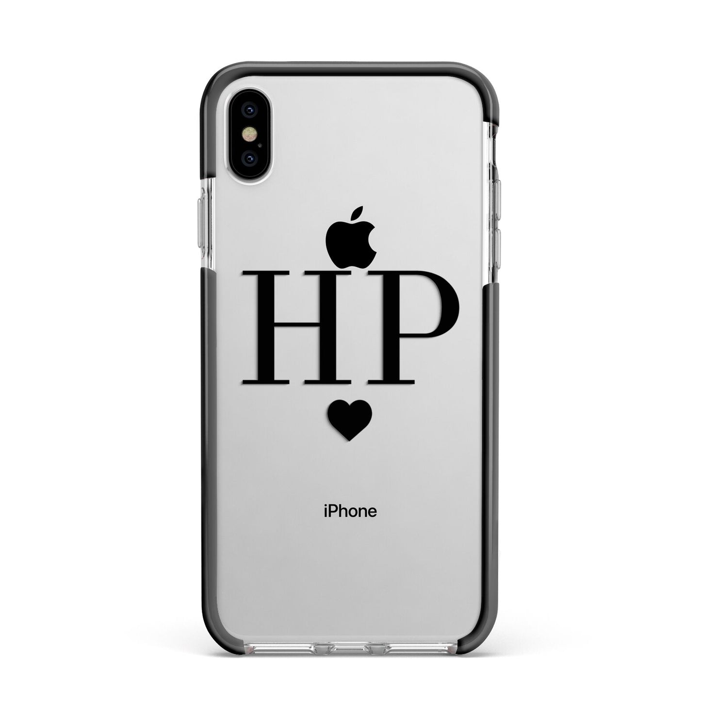 Personalised Black Initials Heart Clear Apple iPhone Xs Max Impact Case Black Edge on Silver Phone
