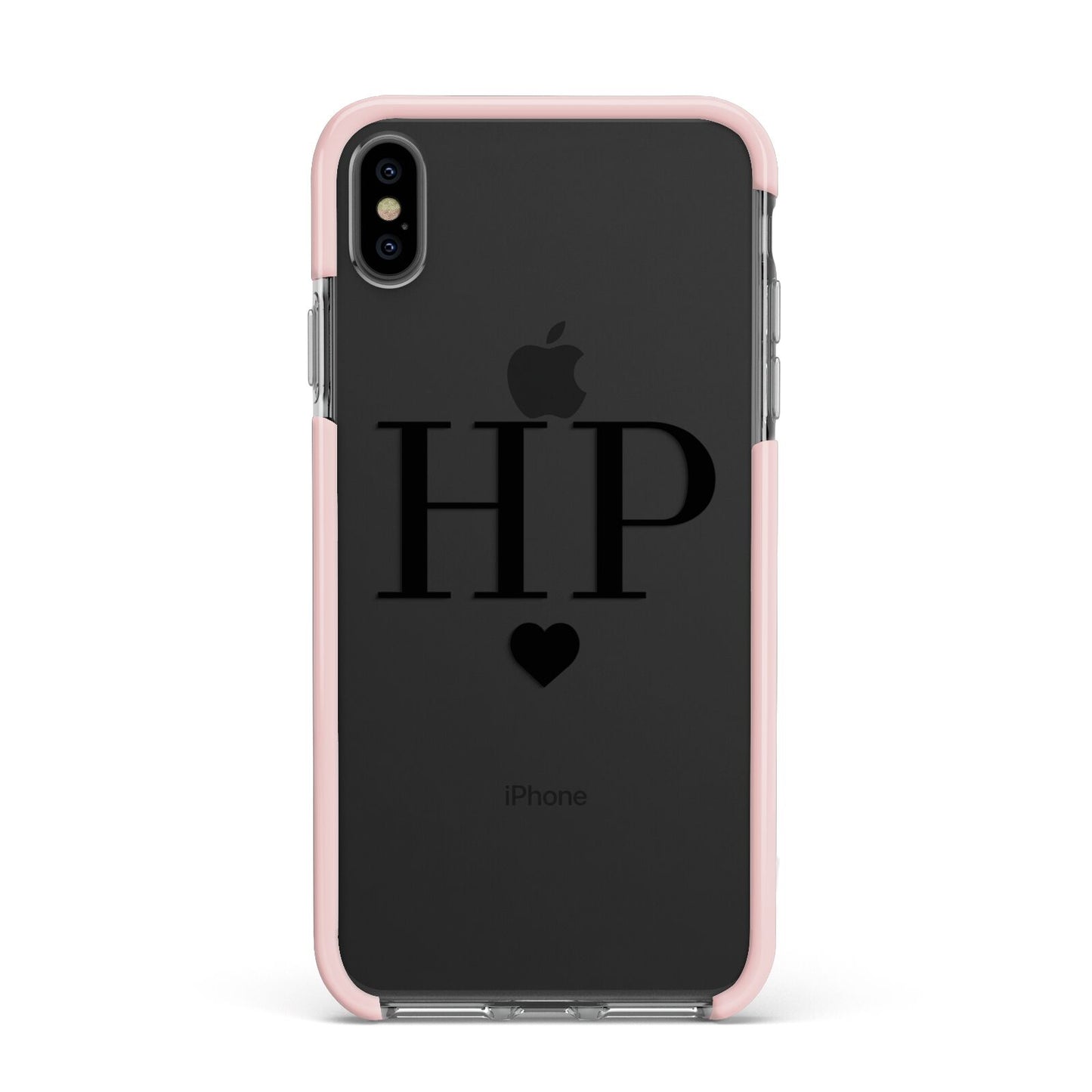 Personalised Black Initials Heart Clear Apple iPhone Xs Max Impact Case Pink Edge on Black Phone