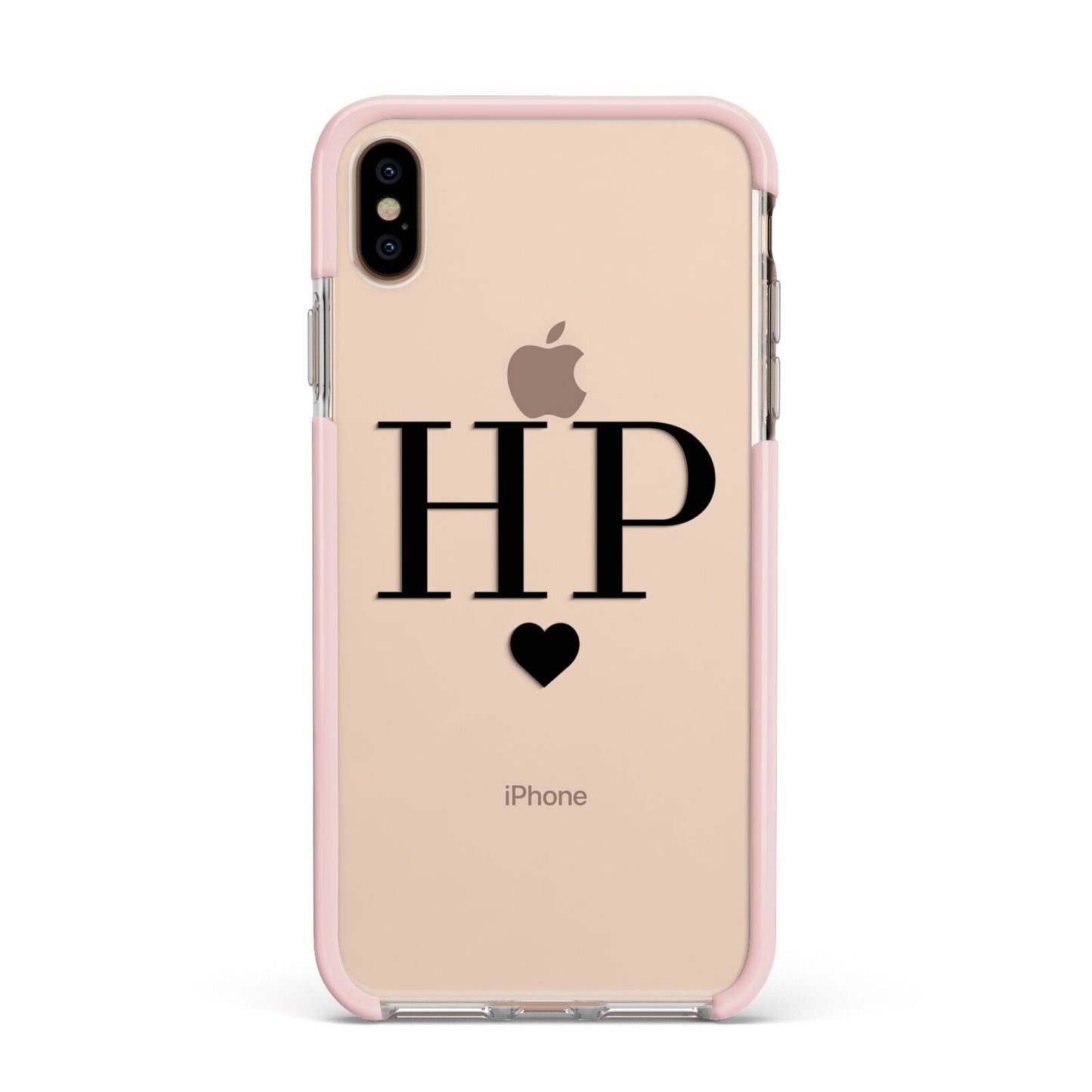 Personalised Black Initials Heart Clear Apple iPhone Xs Max Impact Case Pink Edge on Gold Phone