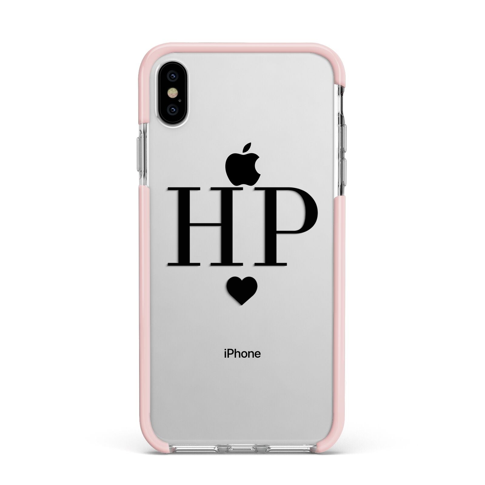 Personalised Black Initials Heart Clear Apple iPhone Xs Max Impact Case Pink Edge on Silver Phone