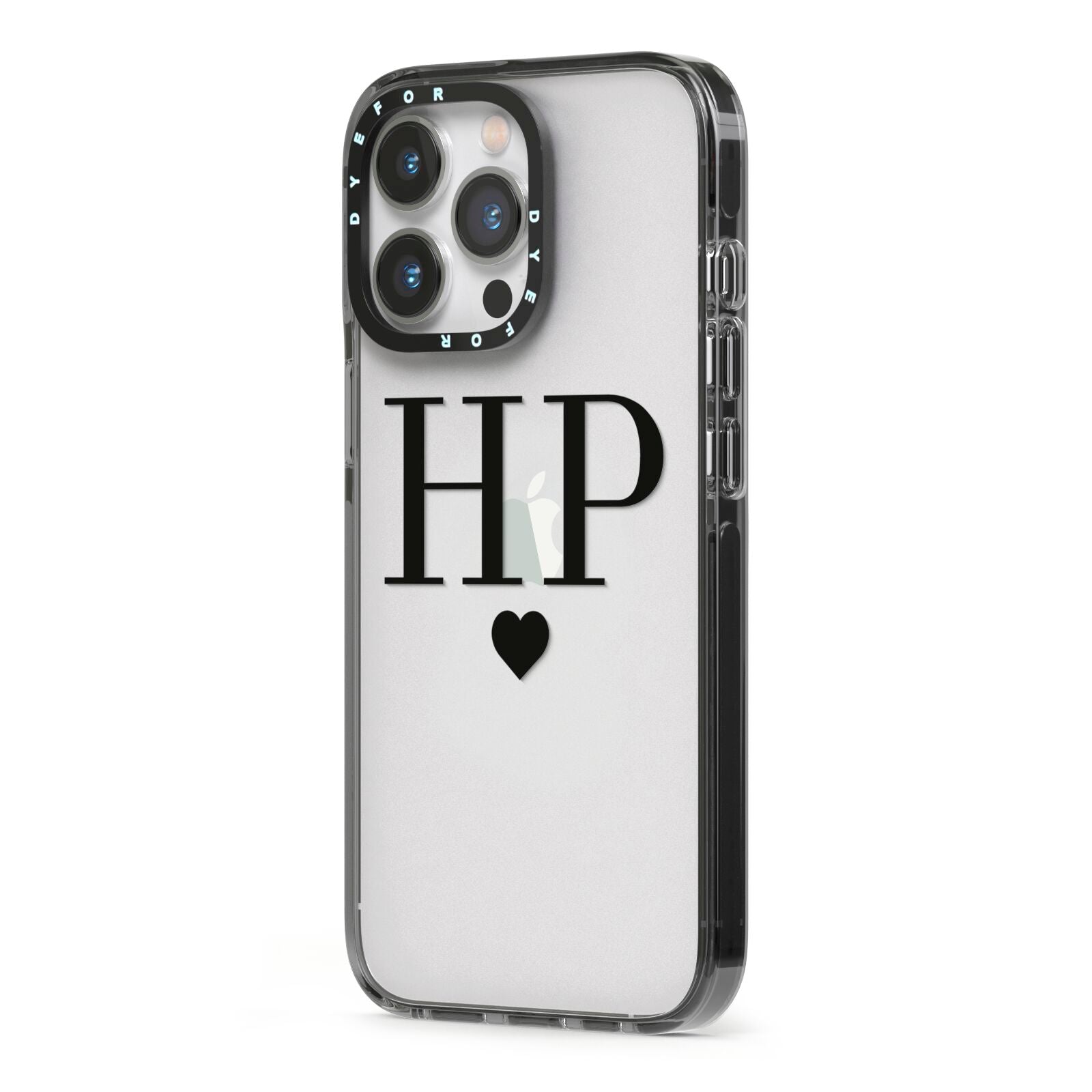Personalised Black Initials Heart Clear iPhone 13 Pro Black Impact Case Side Angle on Silver phone