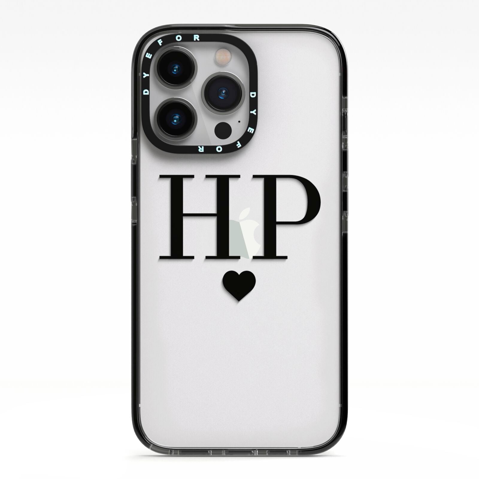 Personalised Black Initials Heart Clear iPhone 13 Pro Black Impact Case on Silver phone