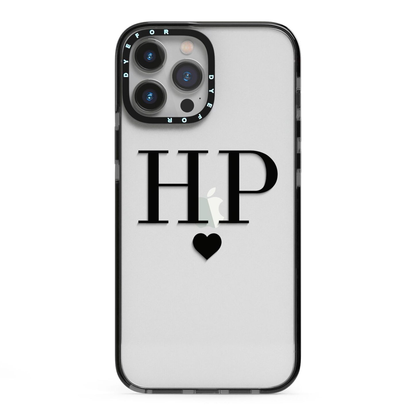 Personalised Black Initials Heart Clear iPhone 13 Pro Max Black Impact Case on Silver phone