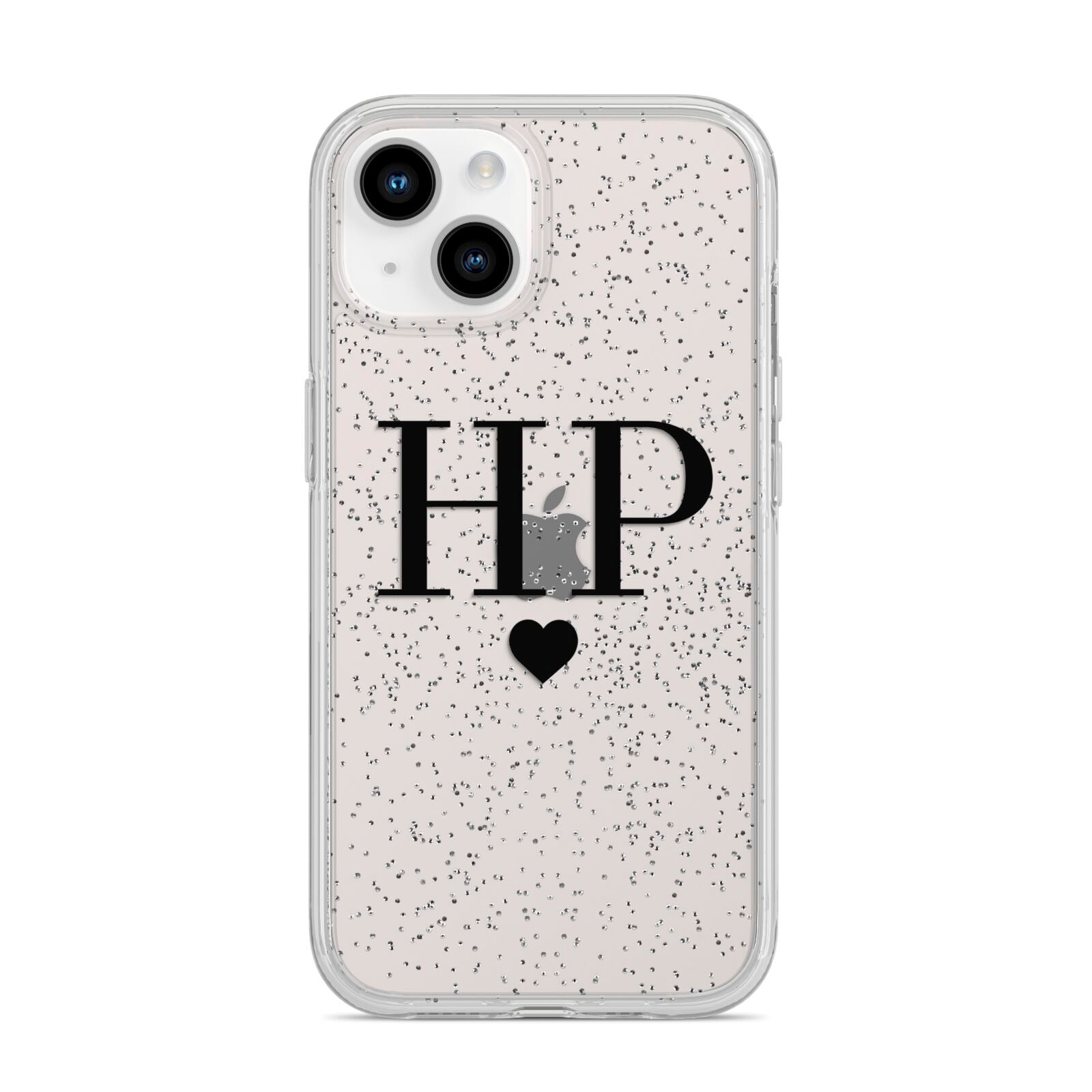 Personalised Black Initials Heart Clear iPhone 14 Glitter Tough Case Starlight