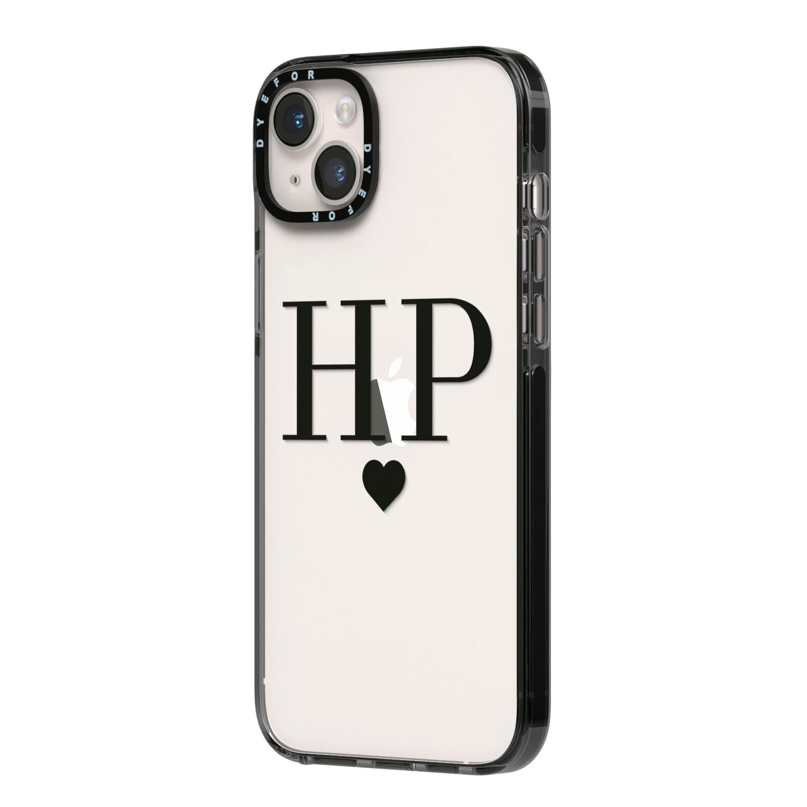 Personalised Black Initials Heart Clear iPhone 14 Plus Black Impact Case Side Angle on Silver phone