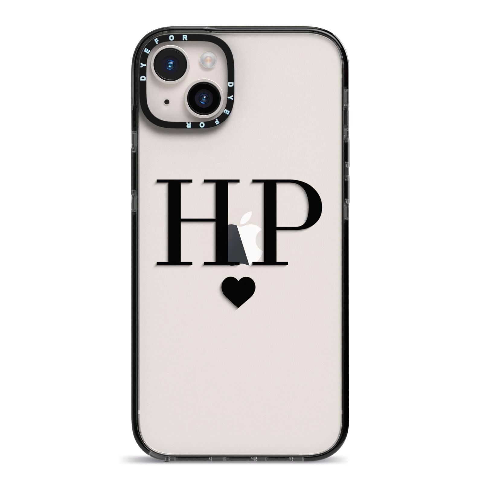Personalised Black Initials Heart Clear iPhone 14 Plus Black Impact Case on Silver phone
