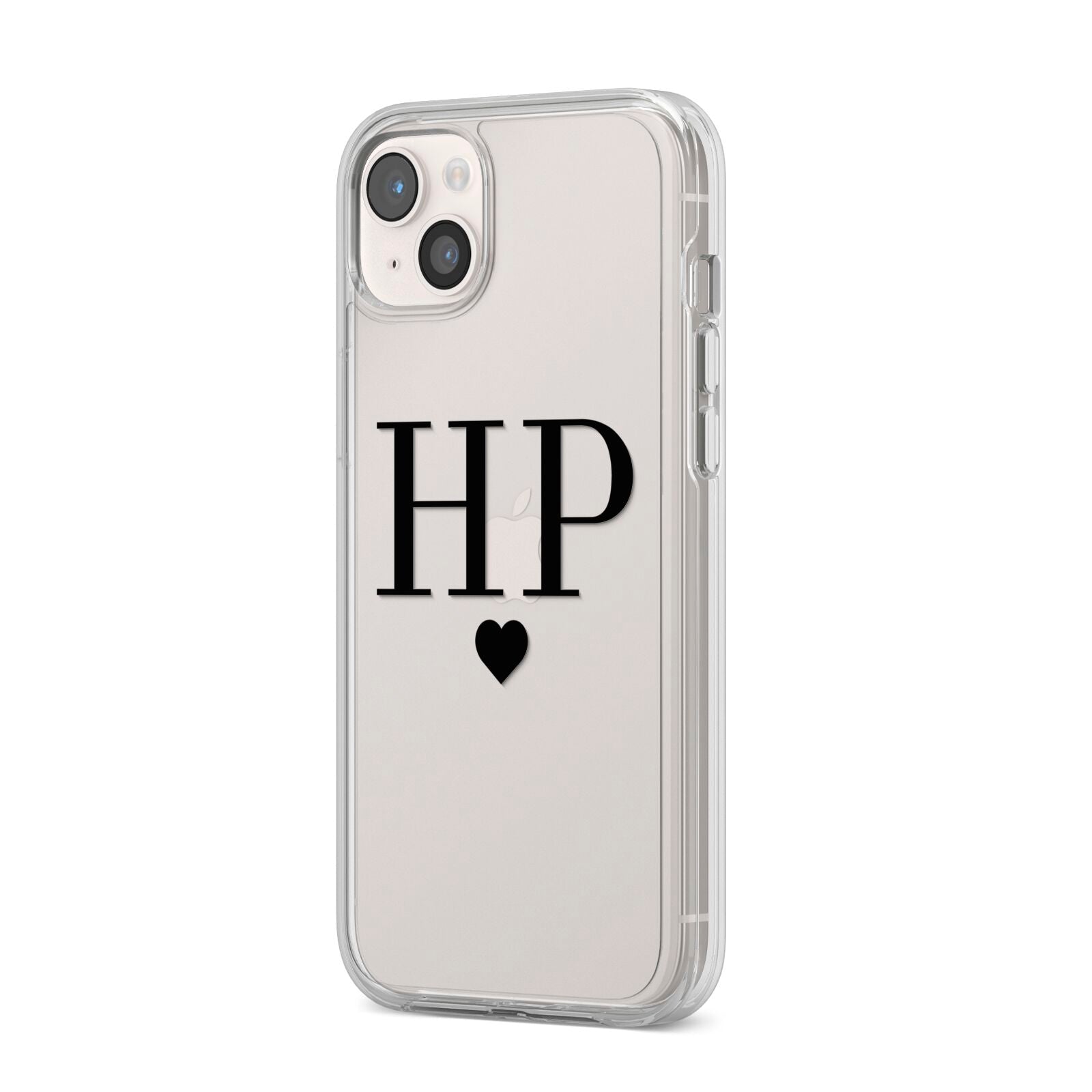 Personalised Black Initials Heart Clear iPhone 14 Plus Clear Tough Case Starlight Angled Image