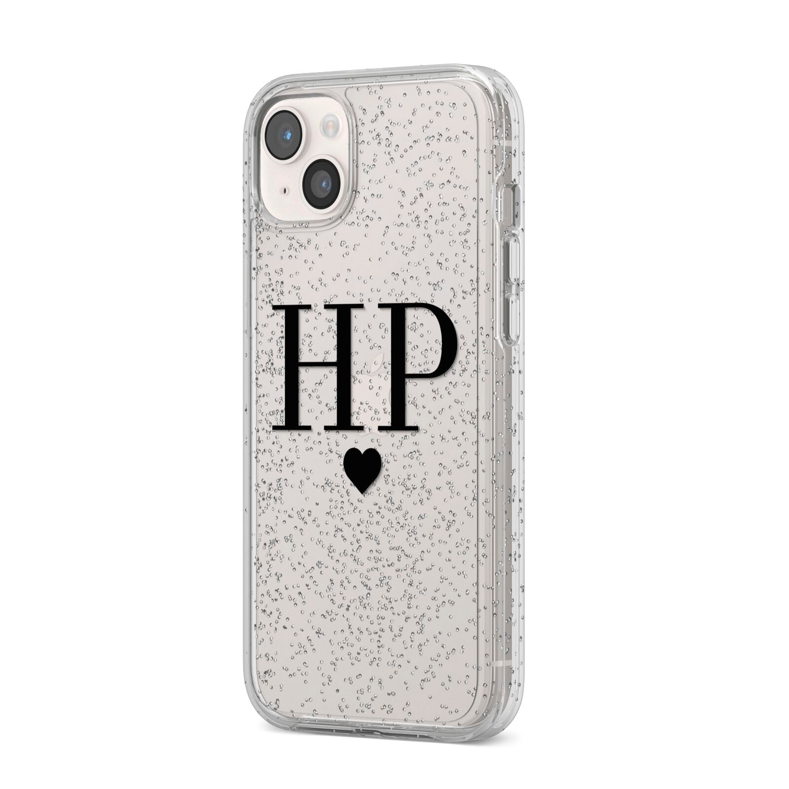 Personalised Black Initials Heart Clear iPhone 14 Plus Glitter Tough Case Starlight Angled Image