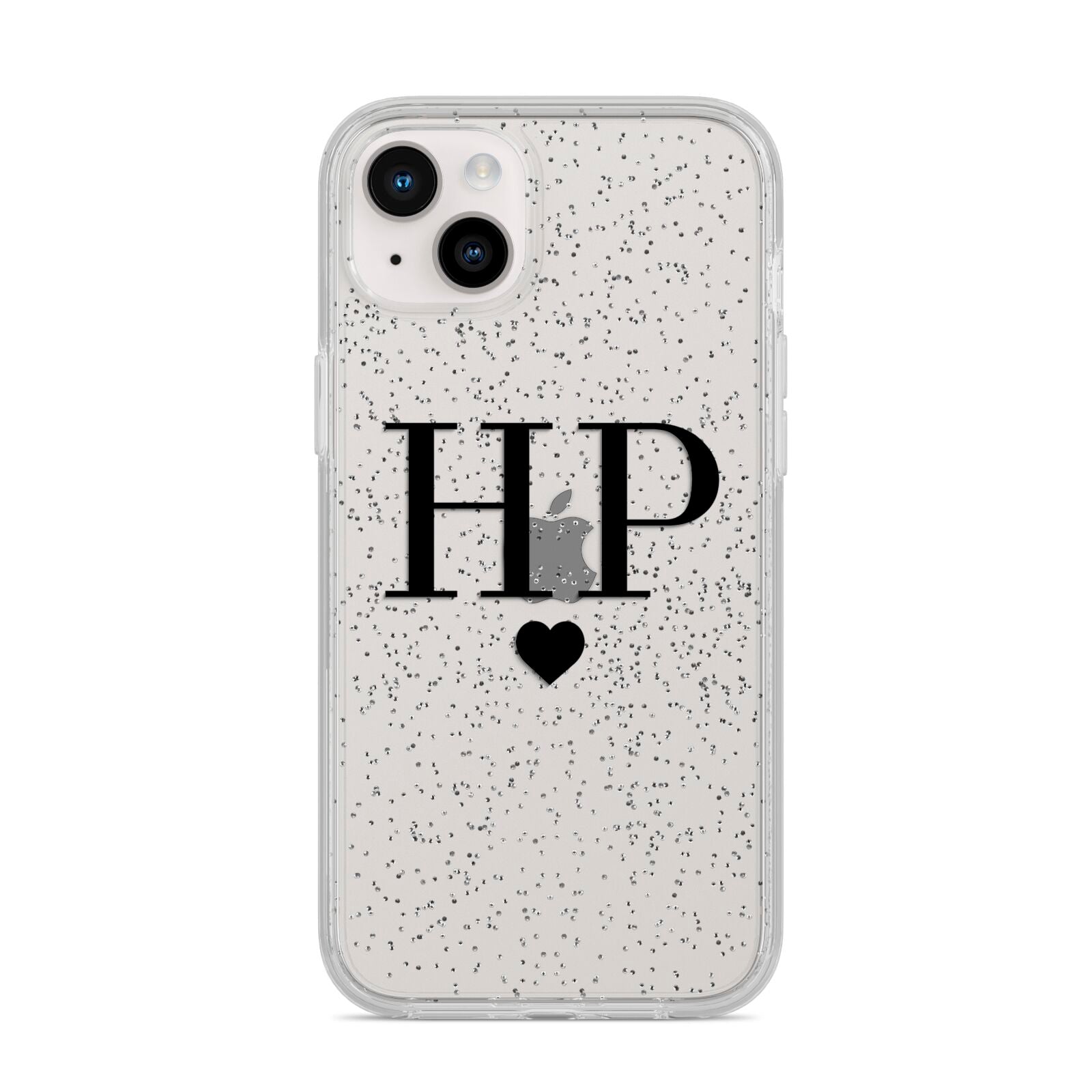 Personalised Black Initials Heart Clear iPhone 14 Plus Glitter Tough Case Starlight