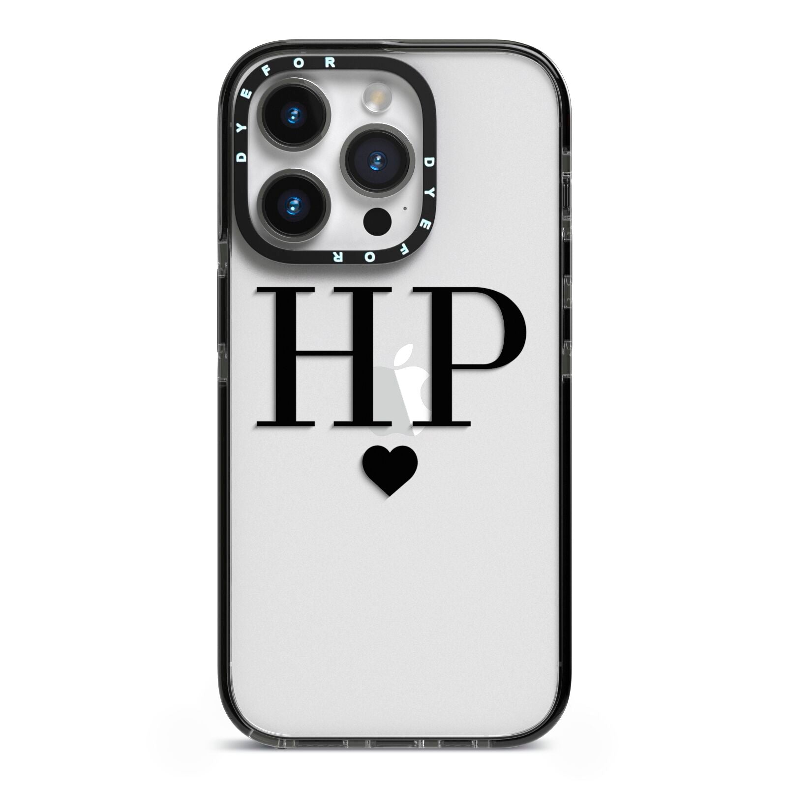 Personalised Black Initials Heart Clear iPhone 14 Pro Black Impact Case on Silver phone