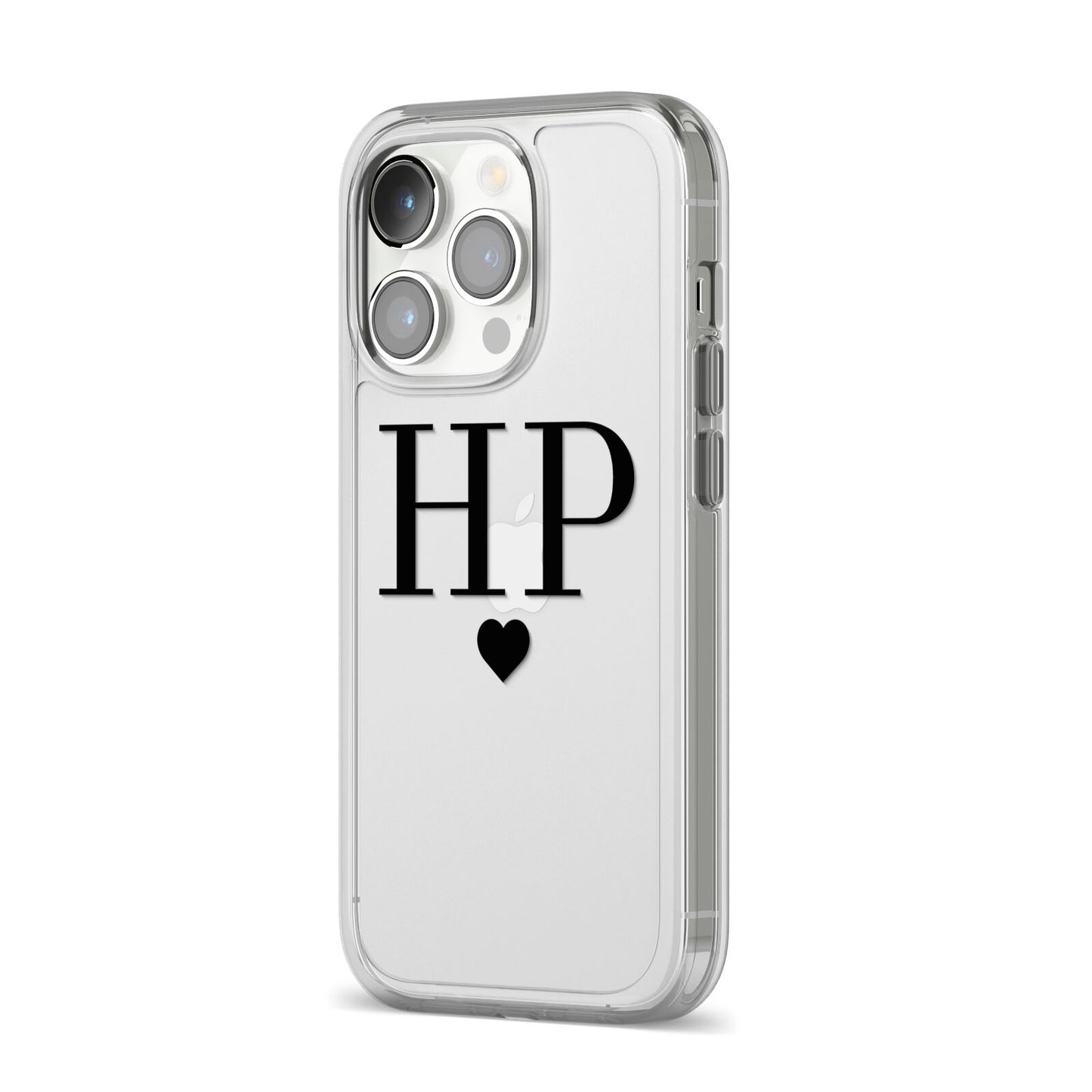 Personalised Black Initials Heart Clear iPhone 14 Pro Clear Tough Case Silver Angled Image
