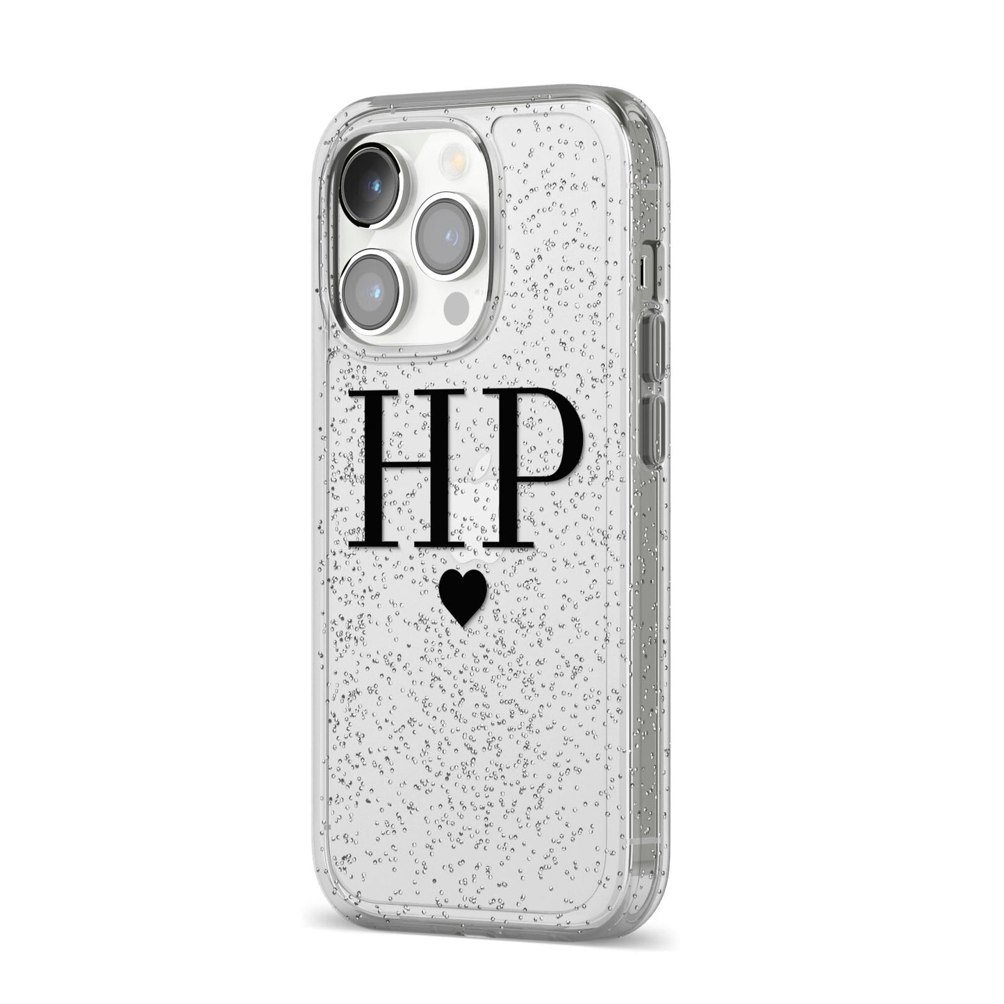 Personalised Black Initials Heart Clear iPhone 14 Pro Glitter Tough Case Silver Angled Image