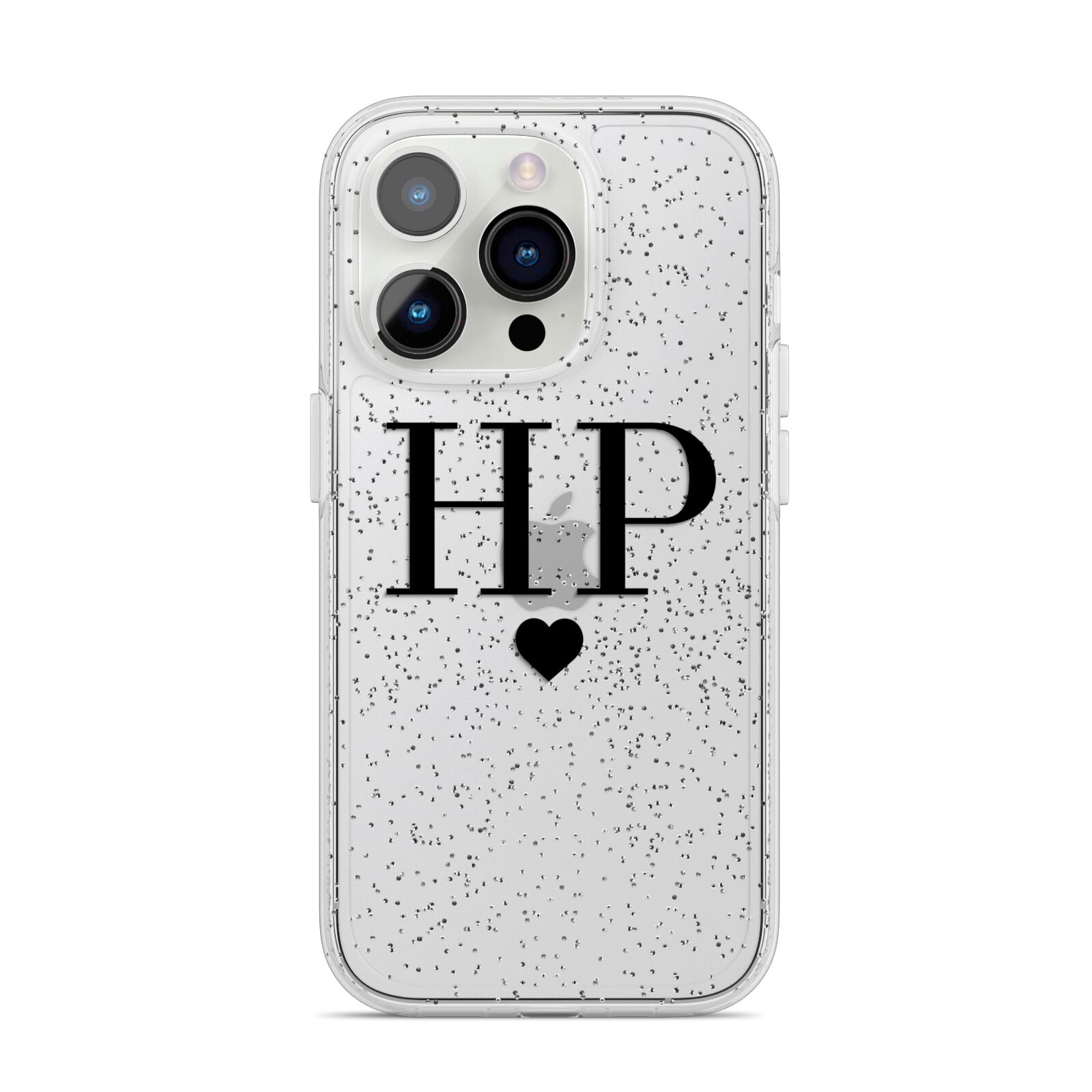 Personalised Black Initials Heart Clear iPhone 14 Pro Glitter Tough Case Silver