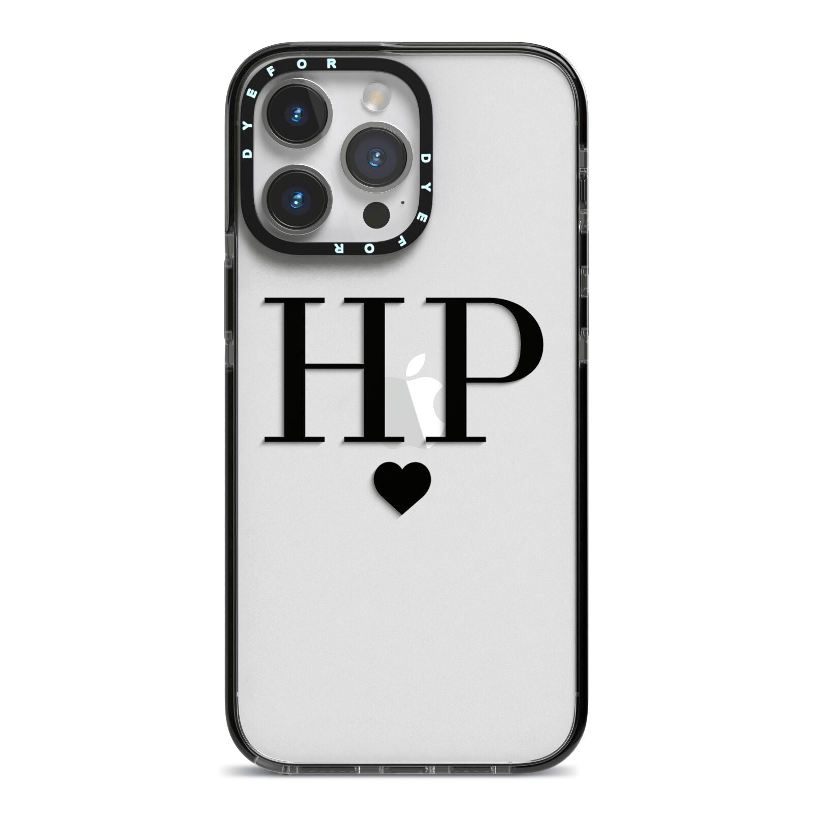 Personalised Black Initials Heart Clear iPhone 14 Pro Max Black Impact Case on Silver phone