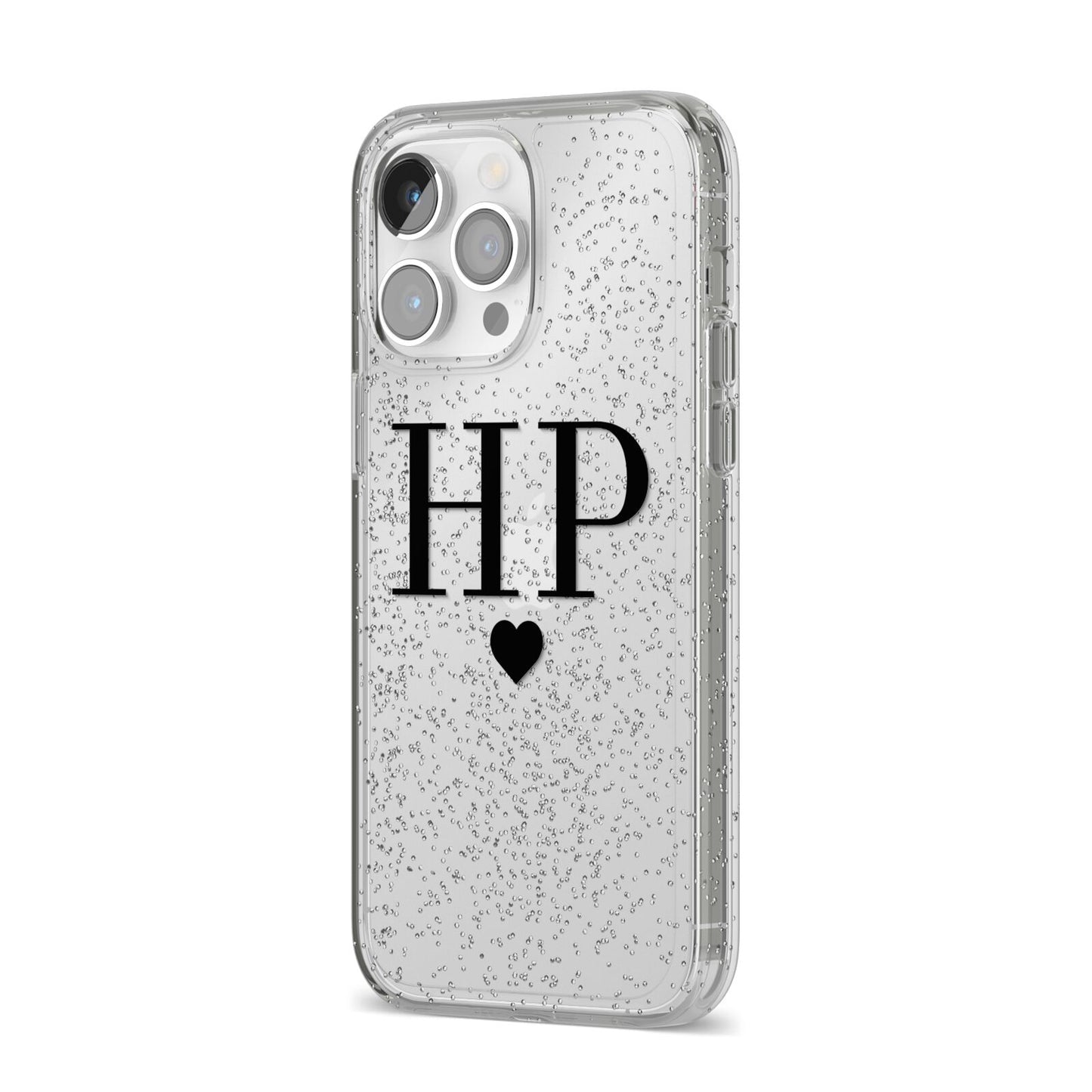Personalised Black Initials Heart Clear iPhone 14 Pro Max Glitter Tough Case Silver Angled Image