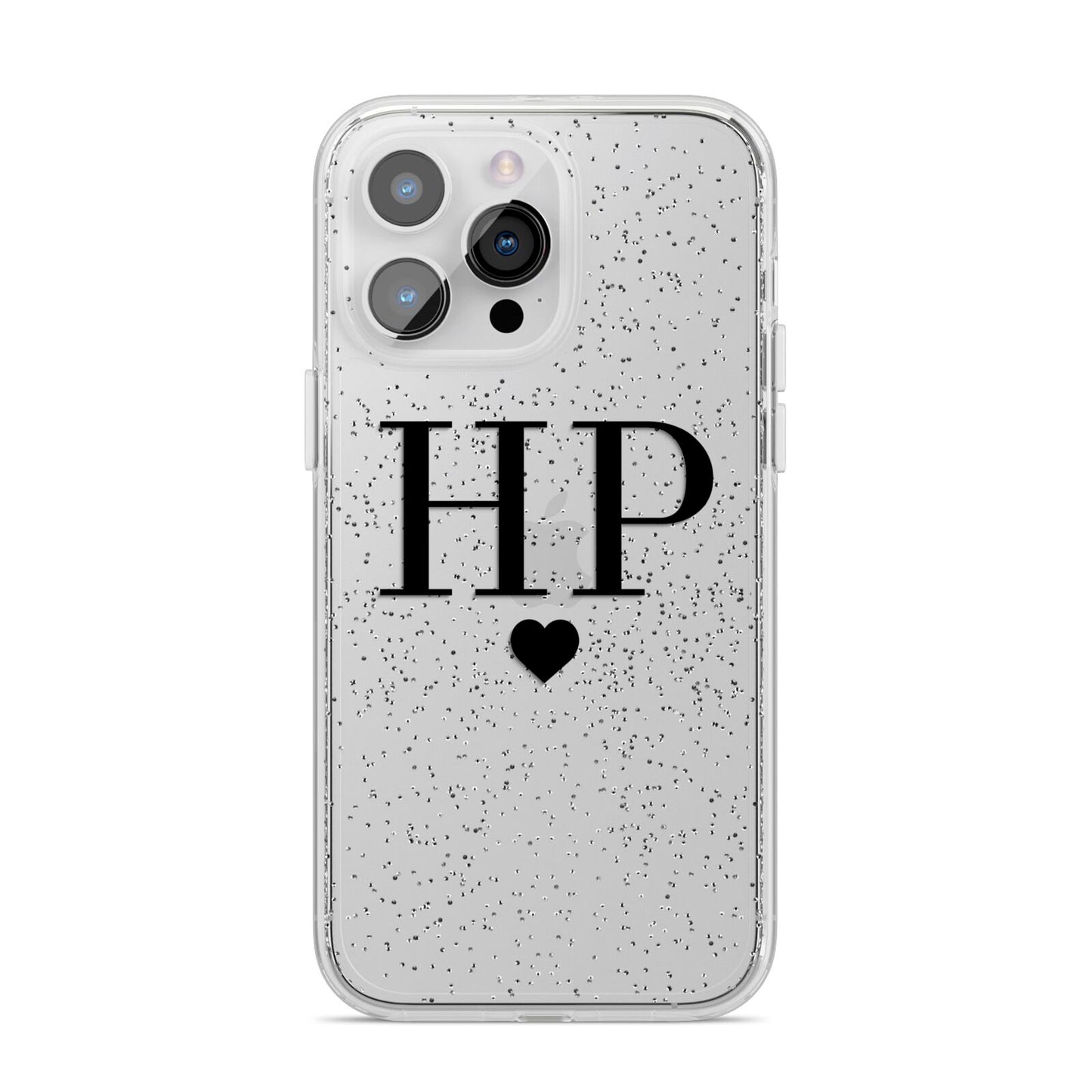 Personalised Black Initials Heart Clear iPhone 14 Pro Max Glitter Tough Case Silver