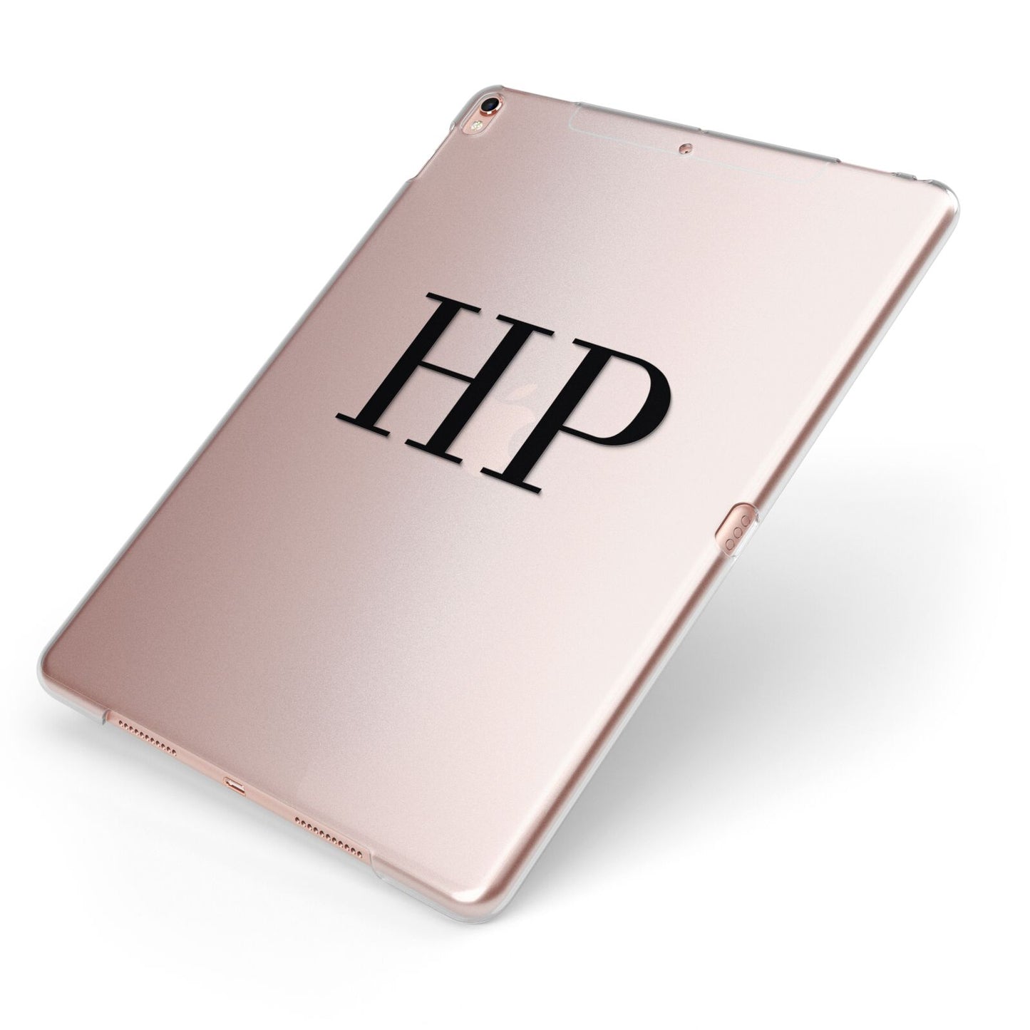 Personalised Black Initials On Clear Apple iPad Case on Rose Gold iPad Side View