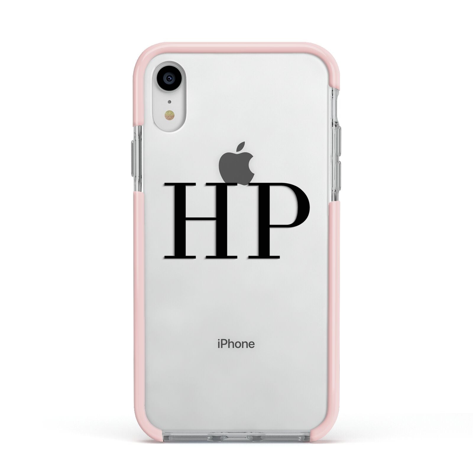 Personalised Black Initials On Clear Apple iPhone XR Impact Case Pink Edge on Silver Phone