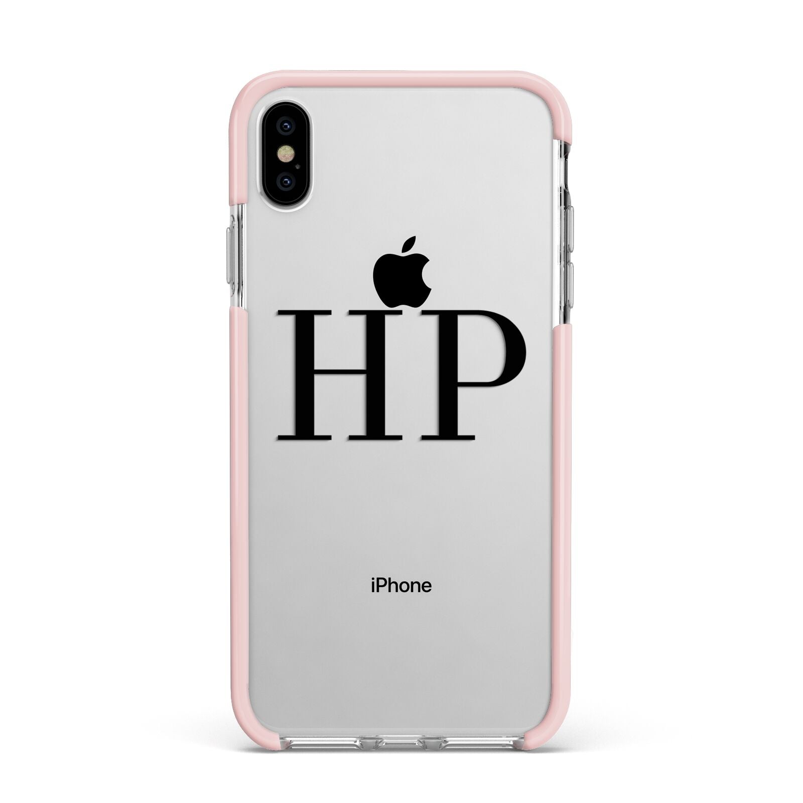 Personalised Black Initials On Clear Apple iPhone Xs Max Impact Case Pink Edge on Silver Phone