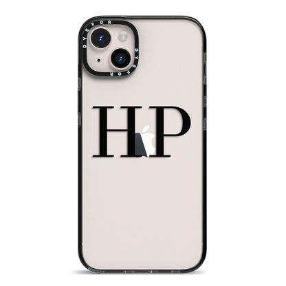 Personalised Black Initials On Clear iPhone 14 Plus Black Impact Case on Silver phone