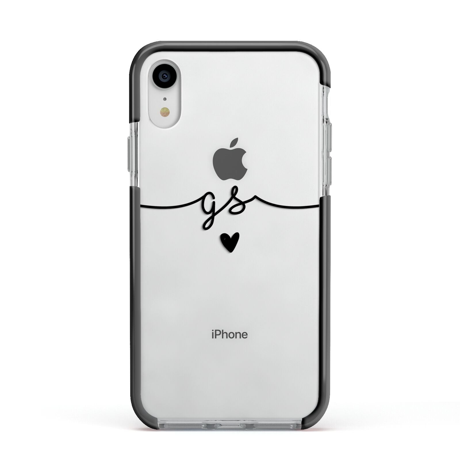 Personalised Black Initials Or Name Clear Custom Apple iPhone XR Impact Case Black Edge on Silver Phone